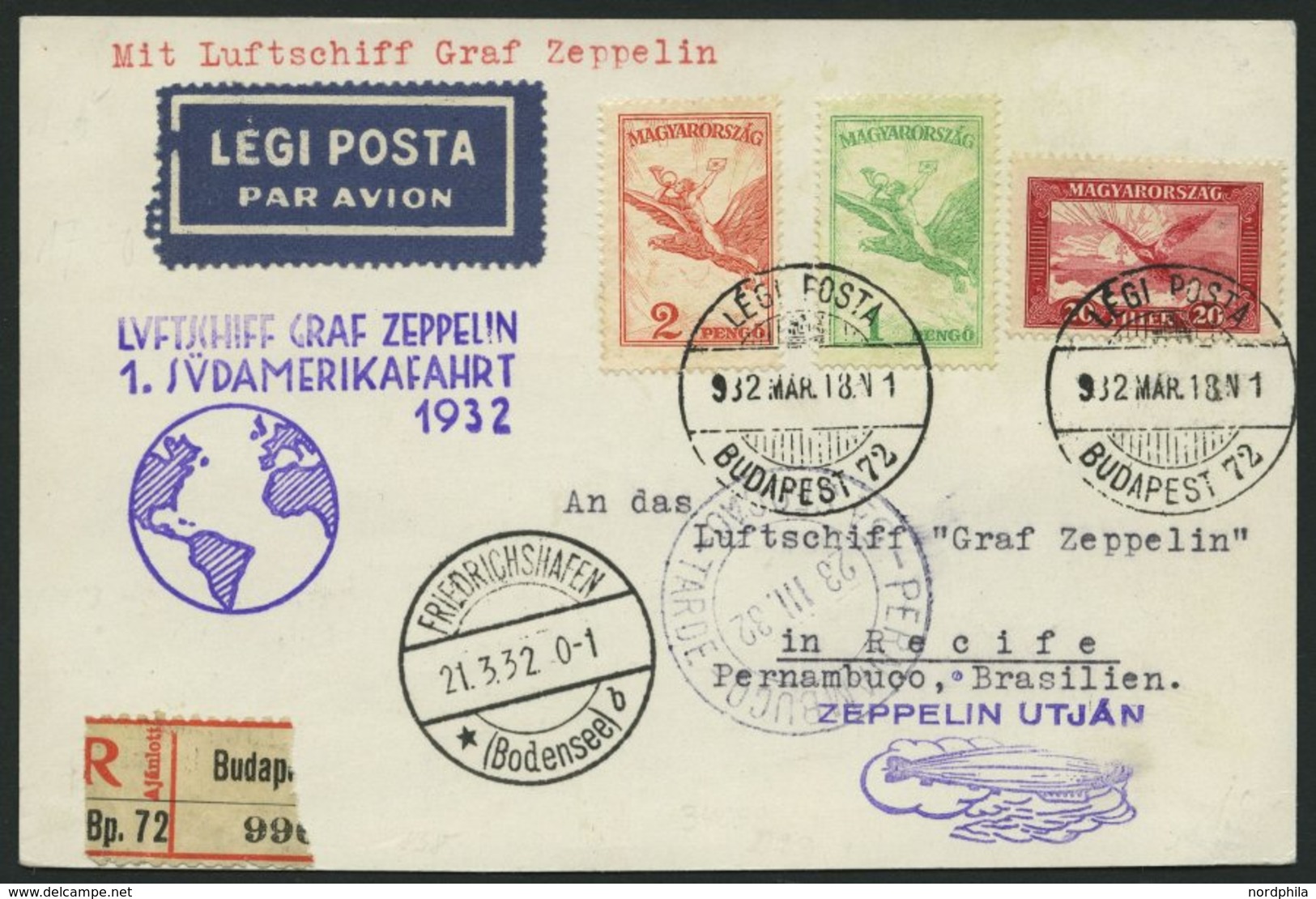 ZULEITUNGSPOST 138 BRIEF, Ungarn: 1932, 1. Südamerikafahrt, Einschreibkarte, Pracht - Zeppeline