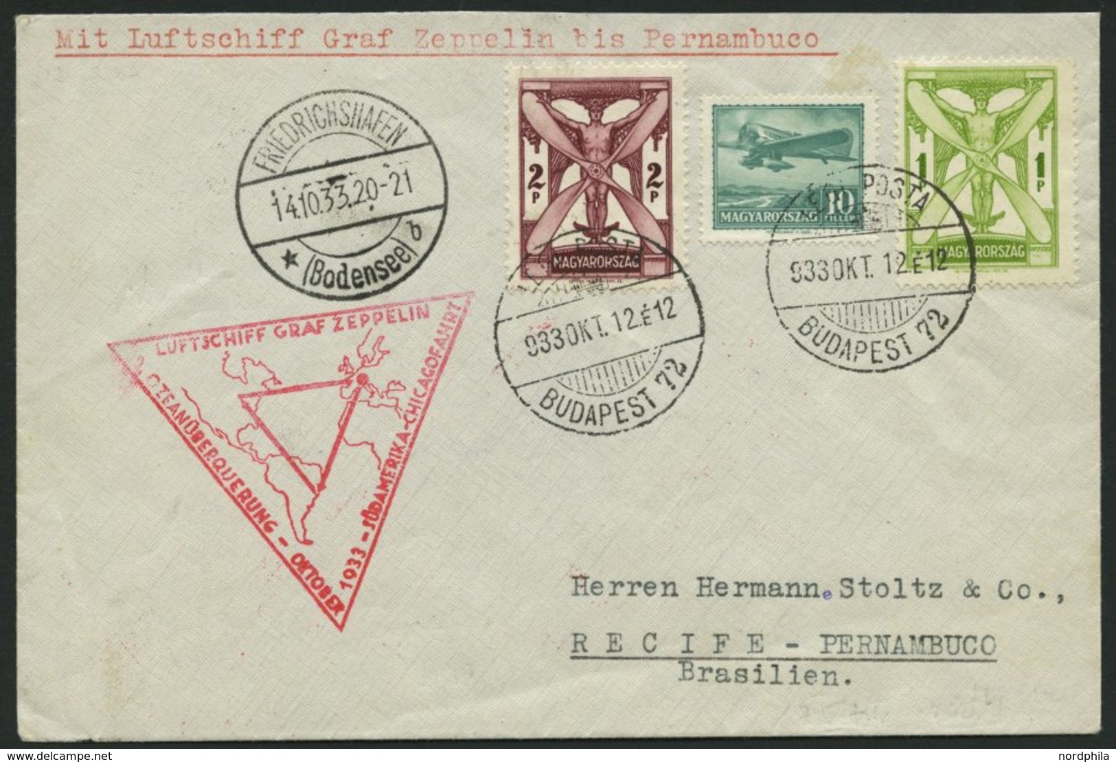 ZULEITUNGSPOST 238 BRIEF, Ungarn: 1933, Chicagofahrt, Bis Brasilien, Prachtbrief - Zeppelins