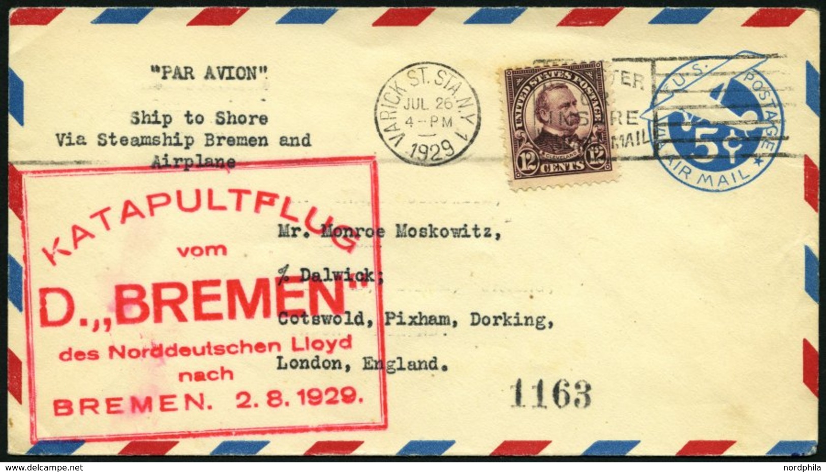 KATAPULTPOST 2a BRIEF, 1.8.1929, &quot,Bremen&quot, - Bremen, US-Landpostaufgabe, Prachtbrief - Covers & Documents