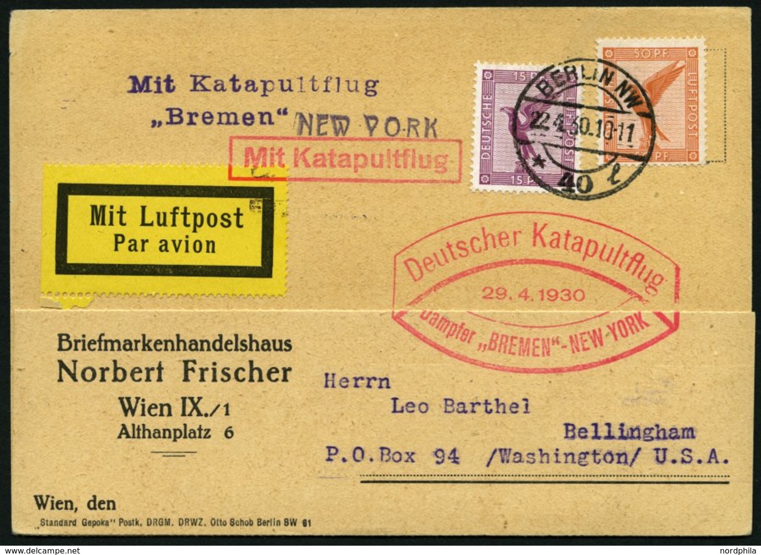 KATAPULTPOST 10a BRIEF, 29.4.1930, &quot,Bremen&quot, - New York, Landpostaufgabe, Prachtkarte - Briefe U. Dokumente