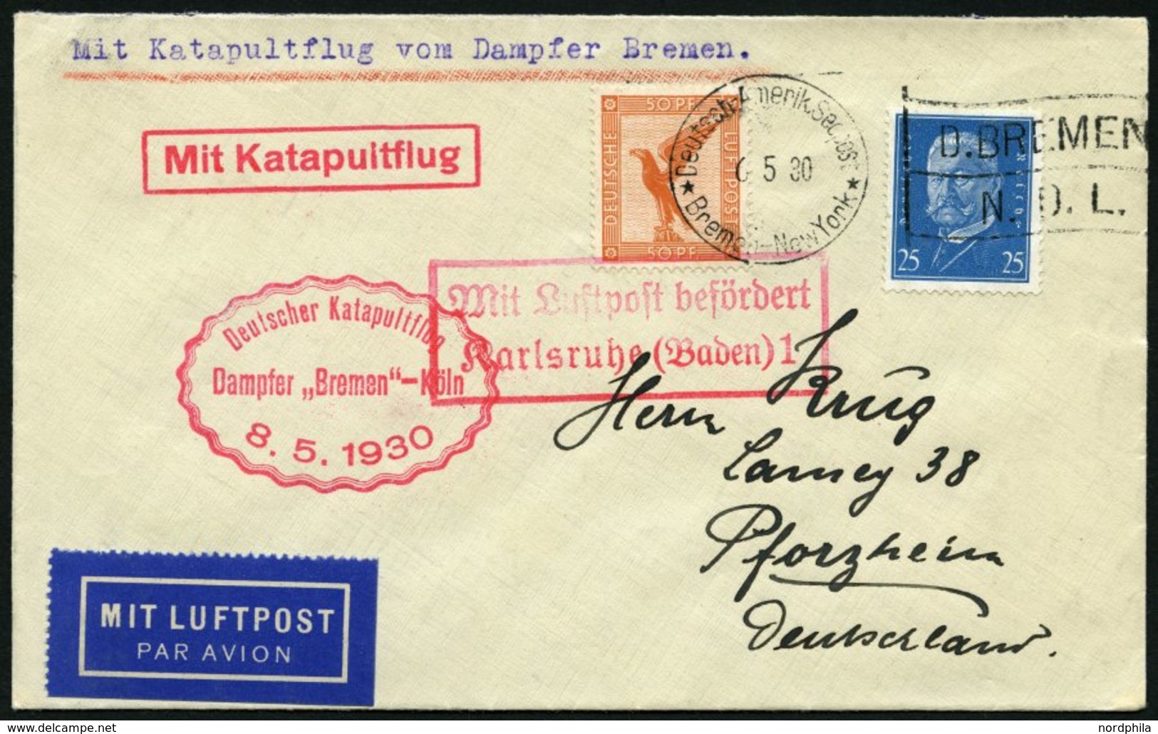 KATAPULTPOST 11c BRIEF, 7.5.1930, &quot,Bremen&quot, - Southampton, Deutsche Seepostaufgabe, Prachtbrief - Cartas & Documentos