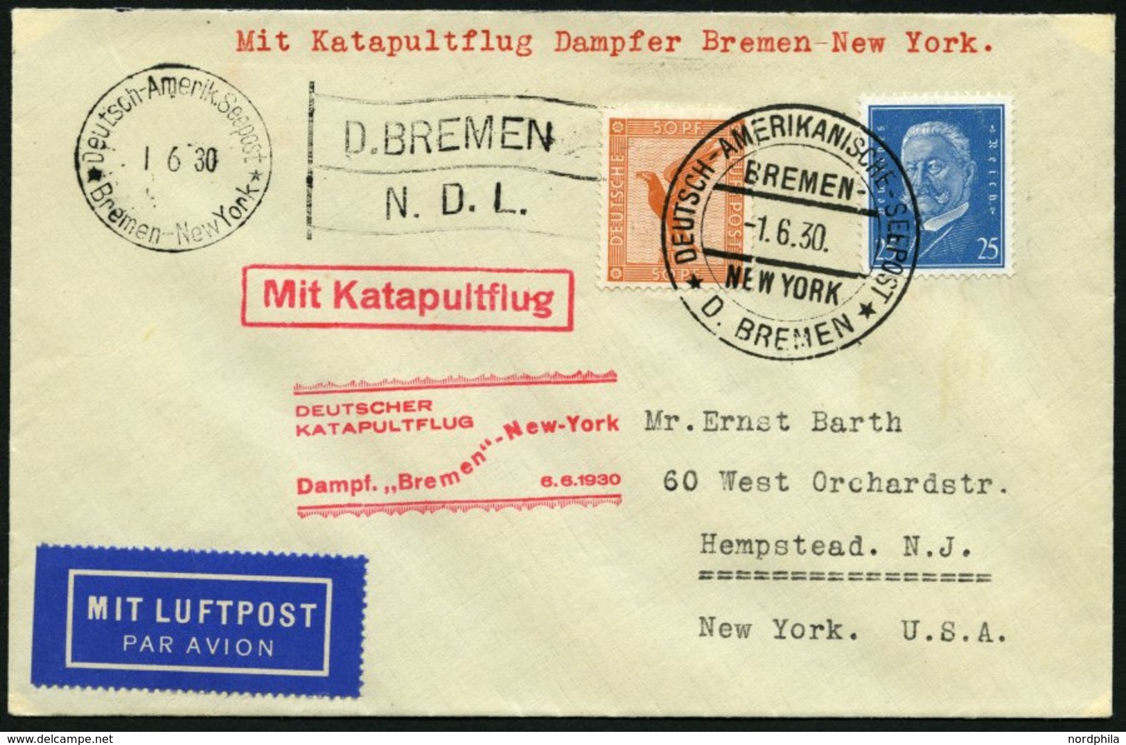 KATAPULTPOST 14b BRIEF, 5.6.1930, &quot,Bremen&quot, - Boston, Seepostaufgabe, Prachtbrief - Lettres & Documents