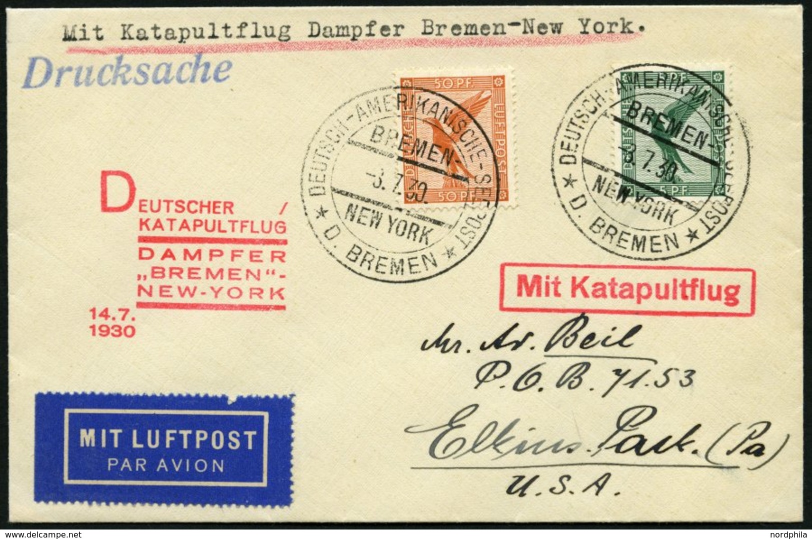 KATAPULTPOST 18b BRIEF, 14.7.1930, &quot,Bremen&quot, - New York, Seepostaufgabe, Drucksache, Prachtbrief - Cartas & Documentos