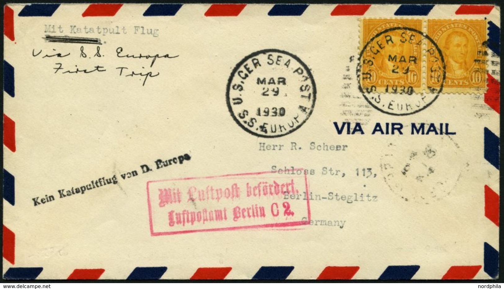 KATAPULTPOST 26B BRIEF, Vorläufer: 29.3.1930, Schwarzer Stempel Kein Katapultflug Von D. Europa, Prachtbrief - Covers & Documents