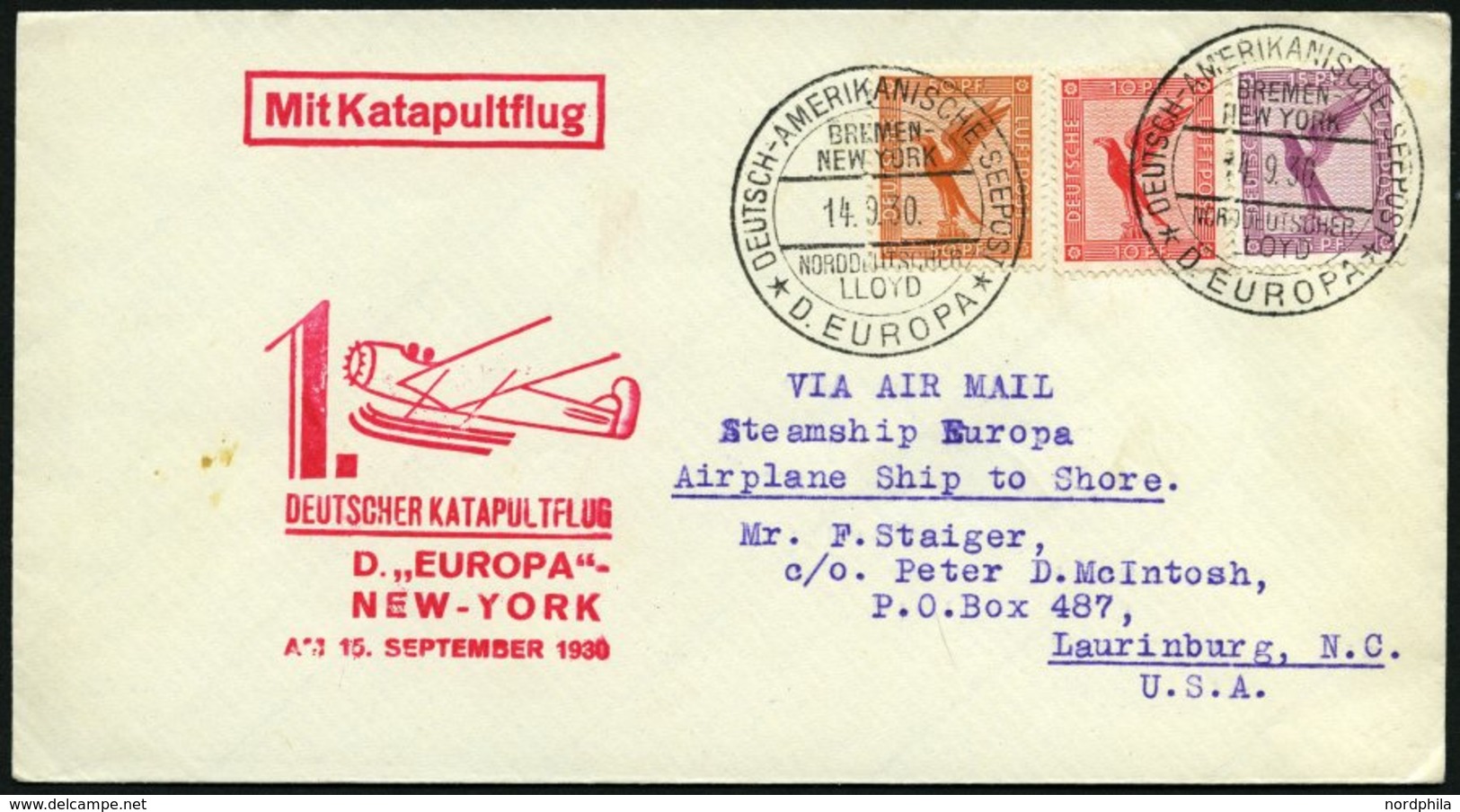 KATAPULTPOST 31b BRIEF, 15.9.1930, &quot,Europa&quot, - New York, Seepostaufgabe, Prachtbrief - Lettres & Documents