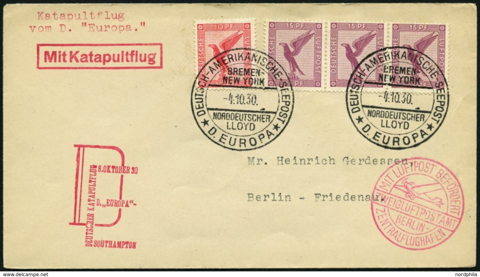 KATAPULTPOST 37c BRIEF, 9.10.1930, &quot,Europa&quot, - Southampton, Deutsche Seepostaufgabe, Prachtbrief - Covers & Documents