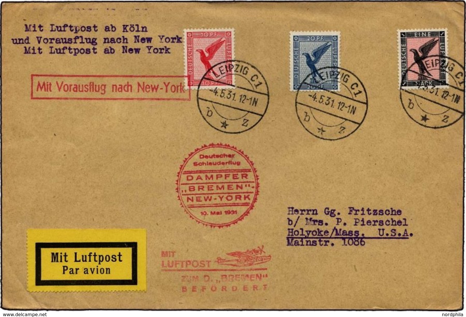 KATAPULTPOST 40c BRIEF, 10.5.1931, Bremen - New York, Nachbringe- Und Schleuderflug, Prachtbrief - Cartas & Documentos