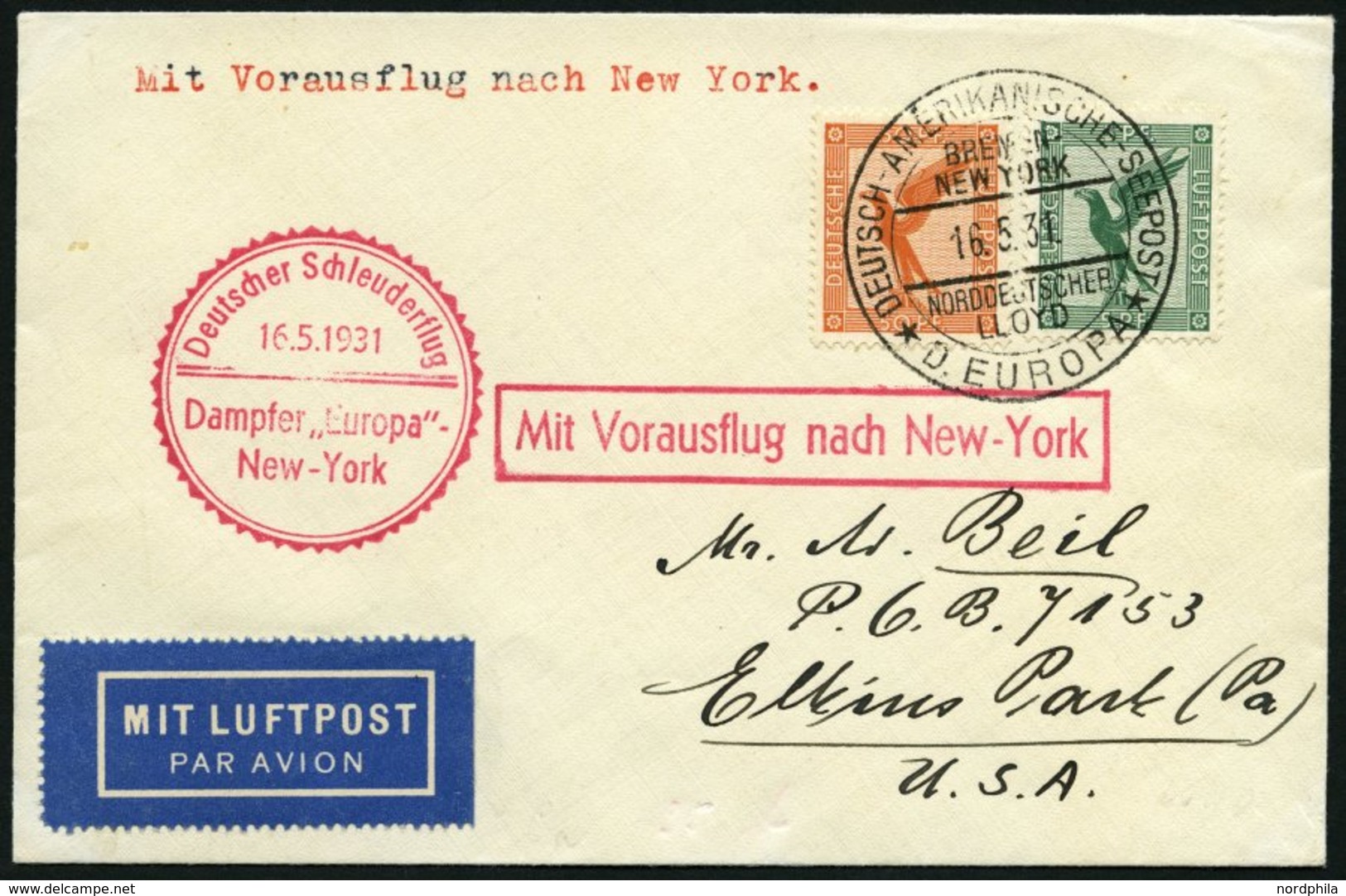 KATAPULTPOST 41b BRIEF, 16.5.1931, &quot,Europa&quot, - New York, Seepostaufgabe, Prachtbrief - Cartas & Documentos