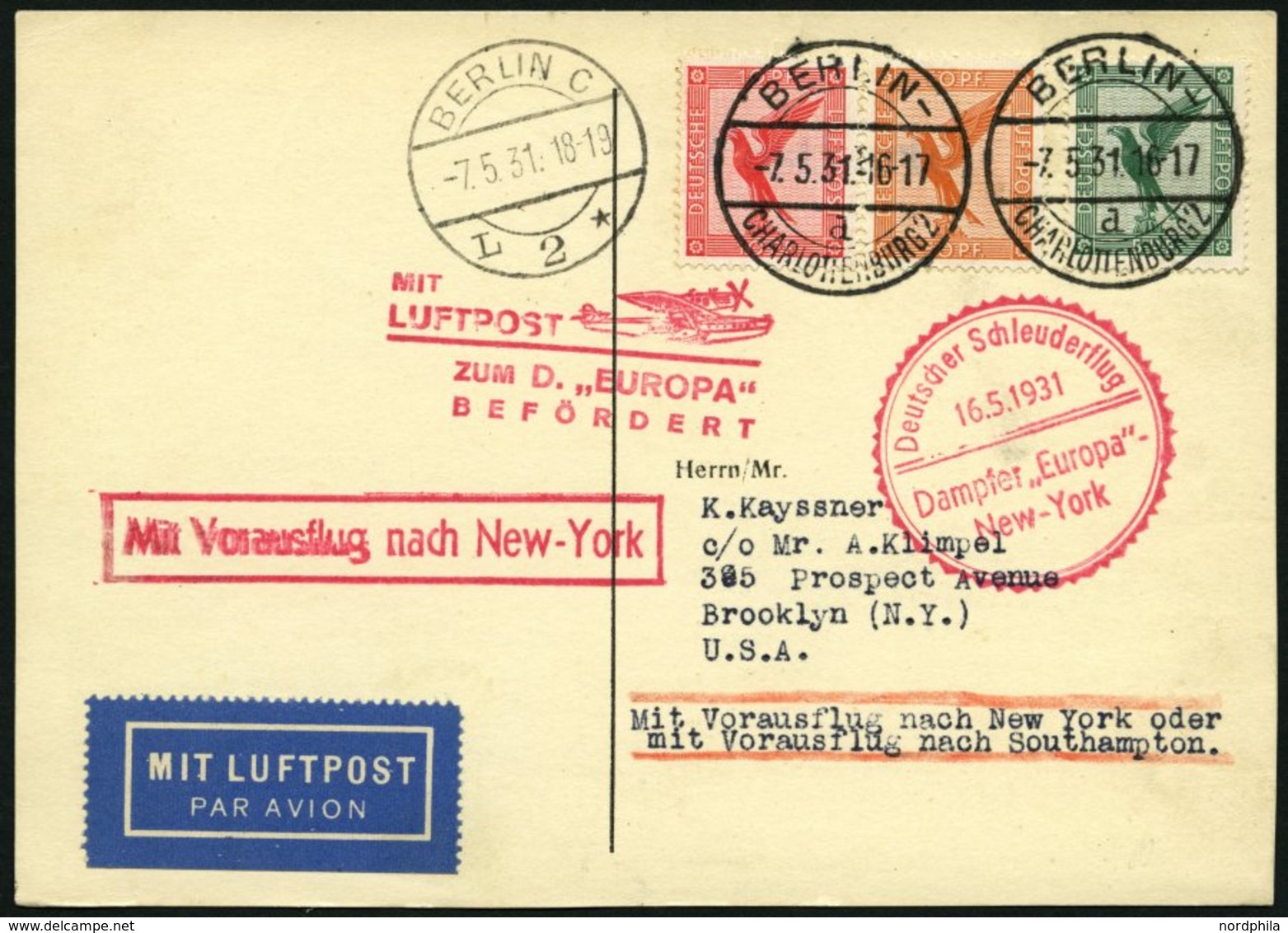 KATAPULTPOST 41c BRIEF, 16.5.1931, Europa - New York, Nachbringe- Und Schleuderflug, Prachtkarte - Covers & Documents