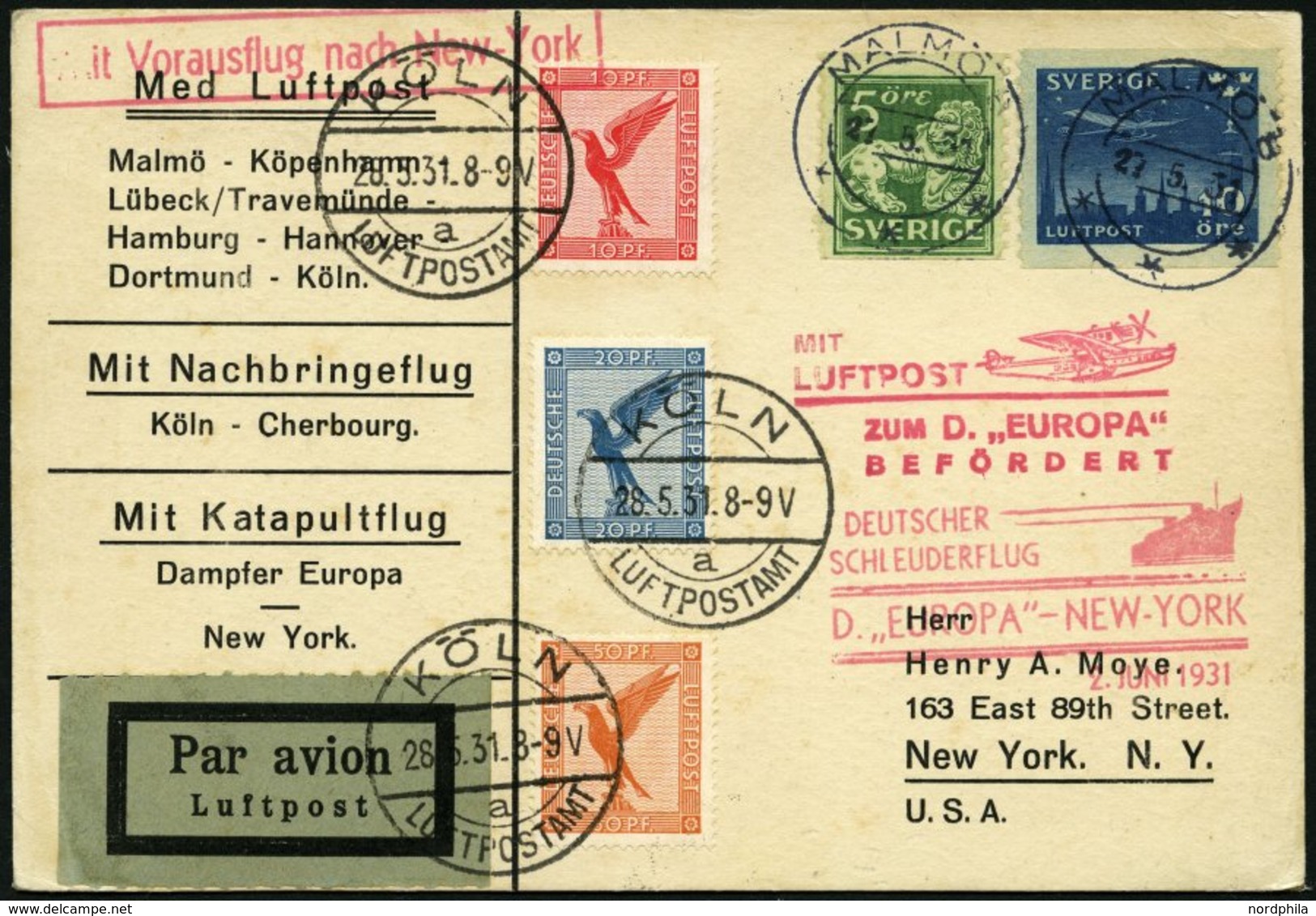 KATAPULTPOST 45cSW BRIEF, Mitläuferpost Aus Schweden: 2.6.1931, &quot,Europa&quot, - New York, Zweiländerfrankatur, Prac - Covers & Documents