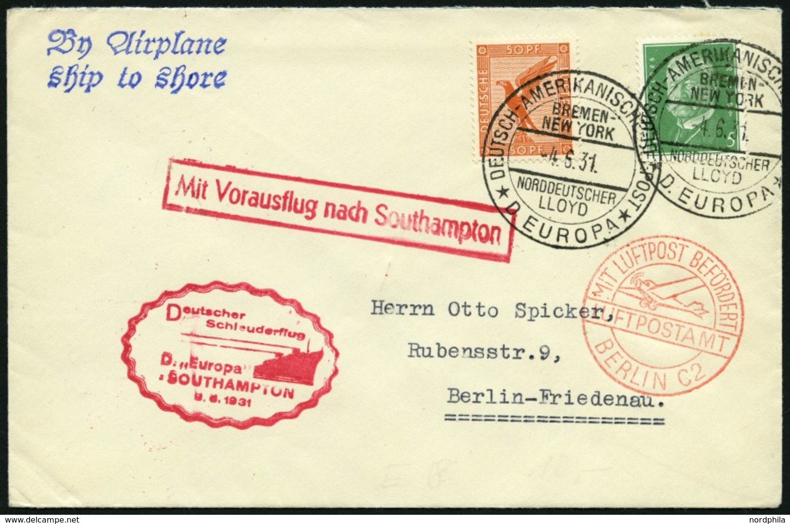 KATAPULTPOST 47c BRIEF, 8.6.1931, &quot,Europa&quot, - Southampton, Deutsche Seepostaufgabe, Prachtbrief - Covers & Documents