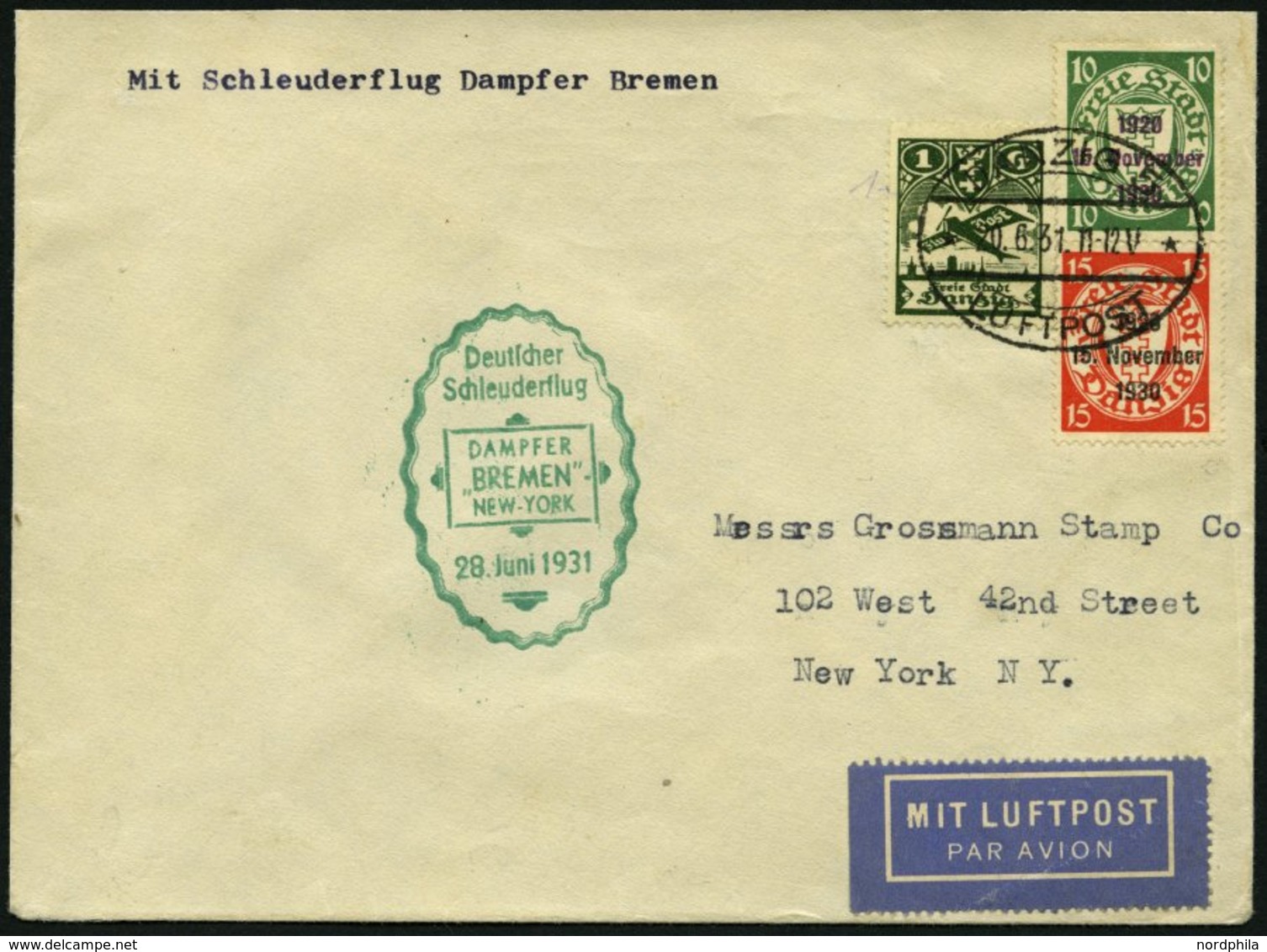 KATAPULTPOST 52Dz BRIEF, Danzig: 28.6.1931, Bremen - New York, Frankiert U.a. Mit Mi.Nr. 230, Prachtbrief, RR! - Lettres & Documents