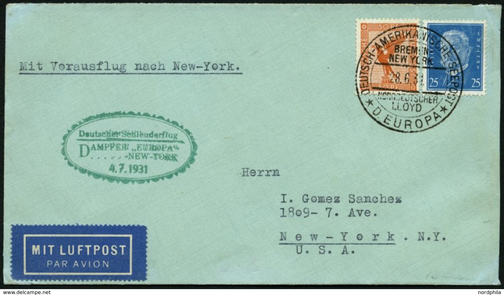 KATAPULTPOST 54b BRIEF, 4.7.1931, &quot,Europa&quot, - New York, Seepostaufgabe, Prachtbrief - Covers & Documents