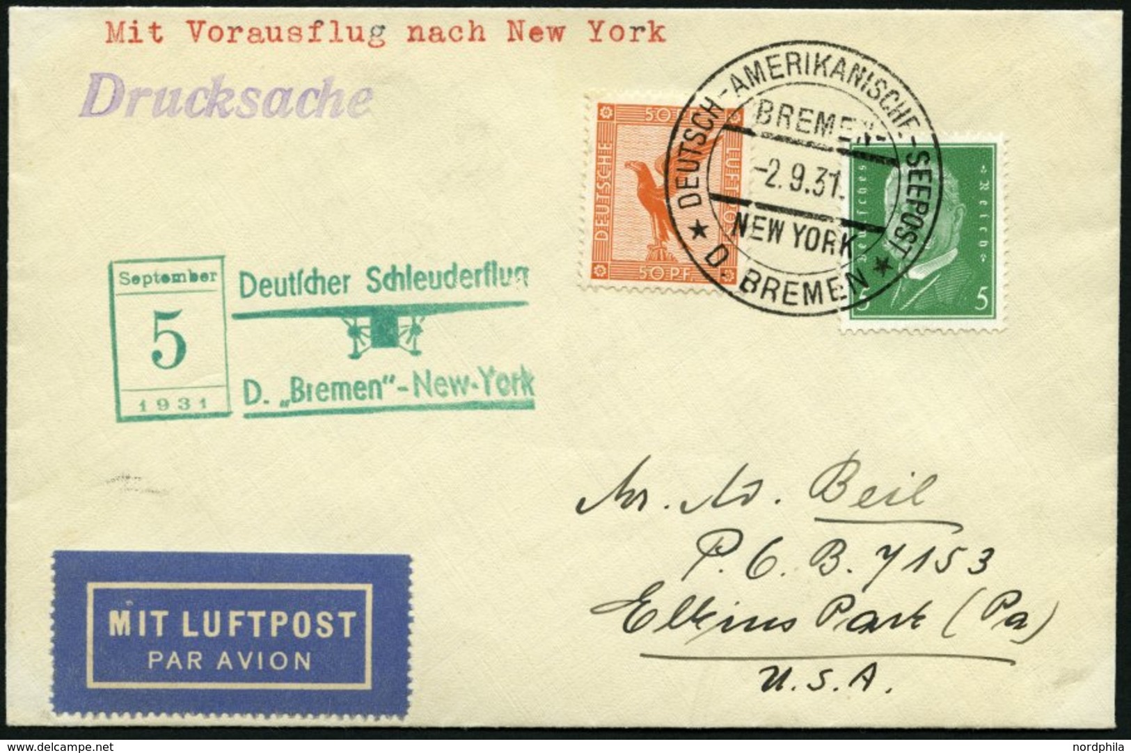 KATAPULTPOST 68b BRIEF, 4.9.1931, &quot,Bremen&quot, - New York, Seepostaufgabe, Drucksache, Prachtbrief - Cartas & Documentos