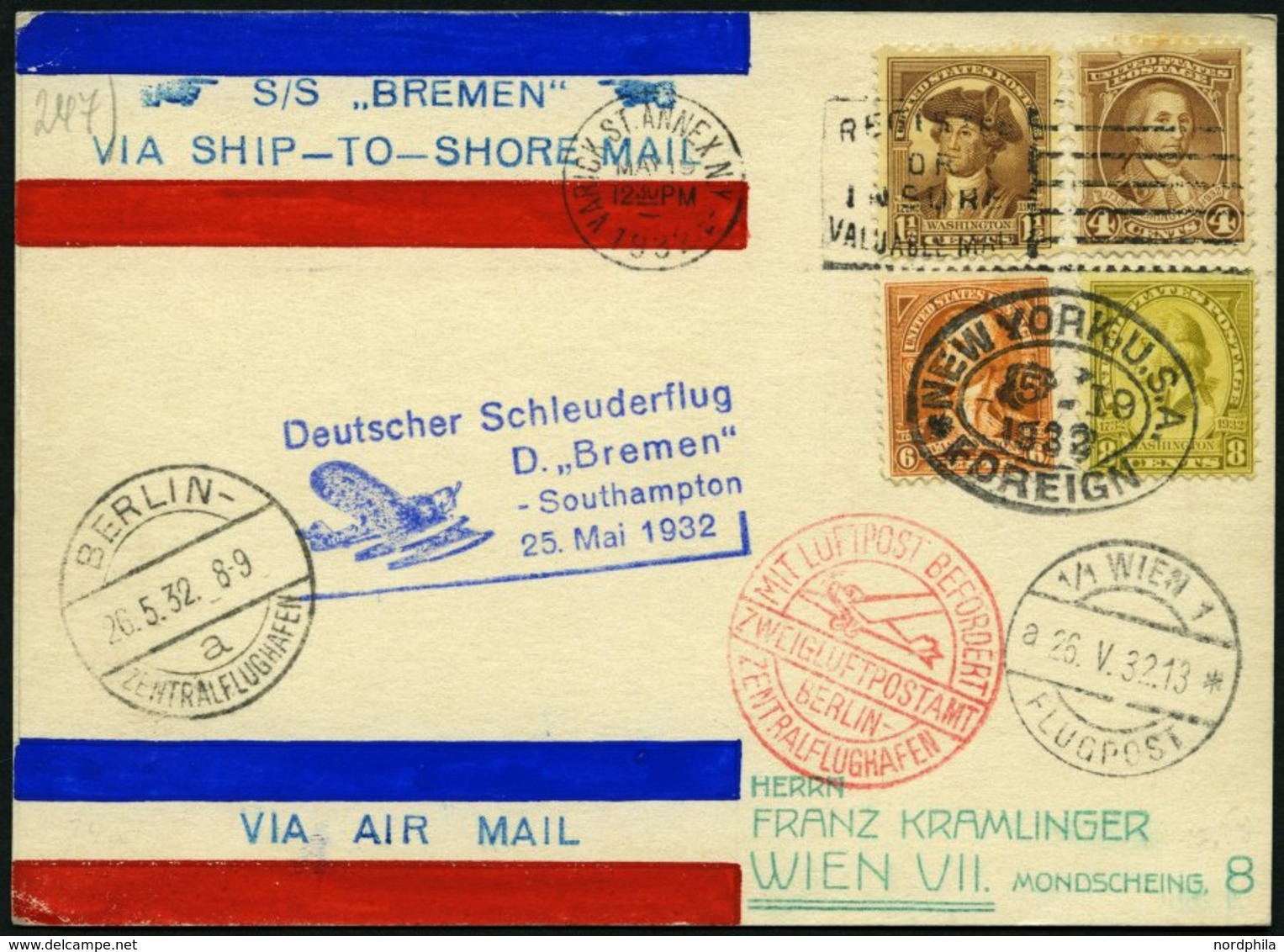 KATAPULTPOST 80a BRIEF, 25.5.1932, &quot,Bremen&quot, - Southampton, US-Landpostaufgabe, Prachtbrief - Lettres & Documents