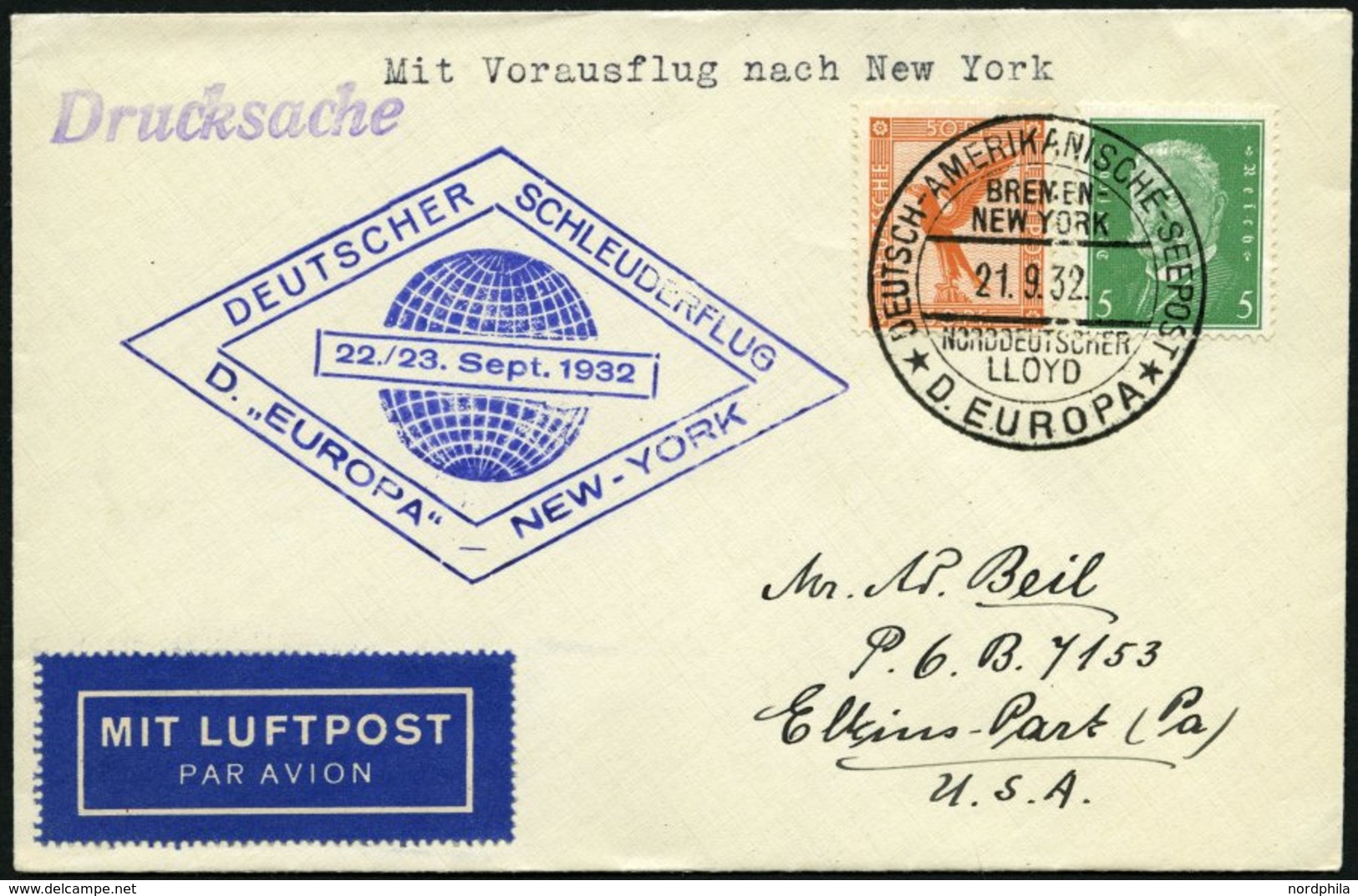 KATAPULTPOST 109b BRIEF, 22.9.1932, &quot,Europa&quot, - New York, Seepostaufgabe, Drucksache, Prachtbrief - Lettres & Documents