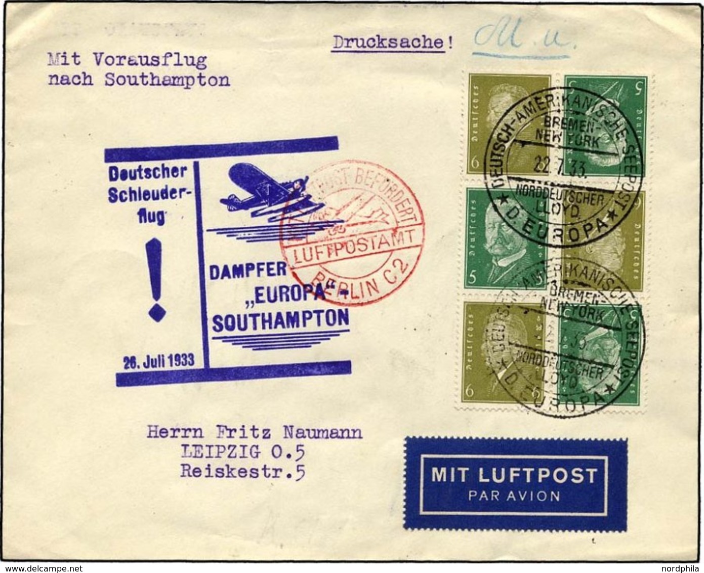 KATAPULTPOST 131c BRIEF, 25.7.1933, Europa - Southampton, Deutsche Seepostaufgabe, Zusammendruck-Frankatur, Drucksache,  - Cartas & Documentos