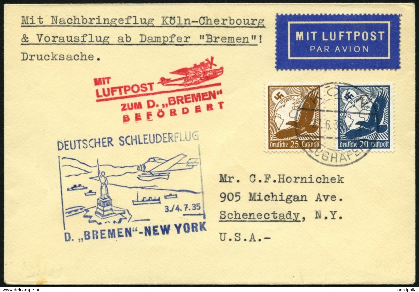 KATAPULTPOST 196c BRIEF, 3.7.1935, Bremen - New York, Nachbringe- Und Schleuderflug, Drucksache, Prachtbrief - Lettres & Documents