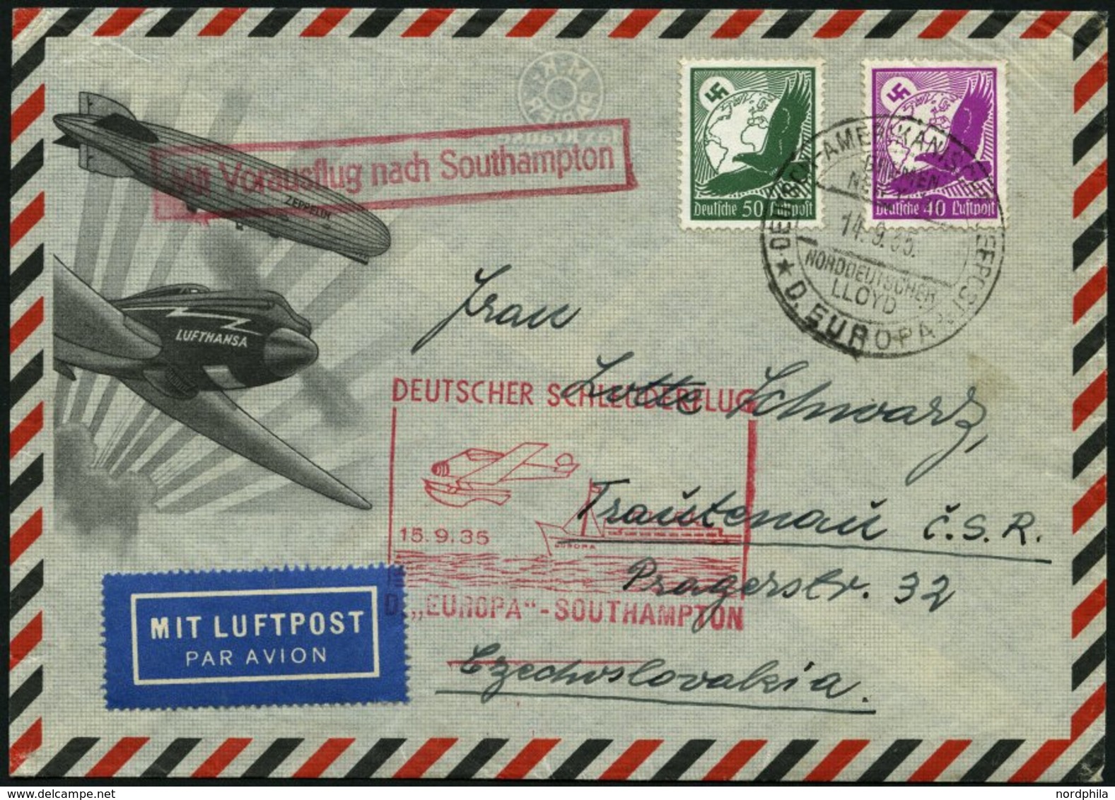 KATAPULTPOST 212c BRIEF, 15.9.1935, &quot,Europa&quot, - Southampton, Deutsche Seepostaufgabe, Prachtbrief - Lettres & Documents