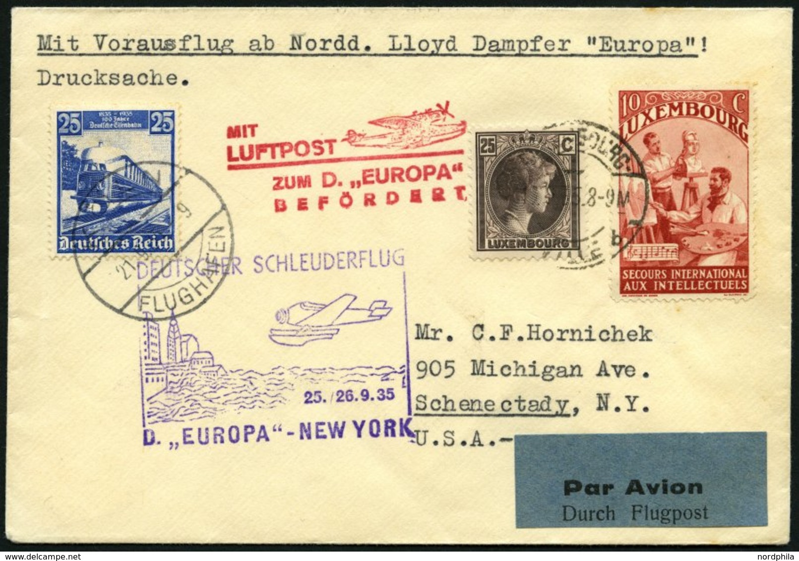 KATAPULTPOST 215Lu BRIEF, Luxemburg: 25.9.1935, Europa - Southampton, Nachbringeflug, Zweiländerfrankatur, Drucksache, P - Lettres & Documents