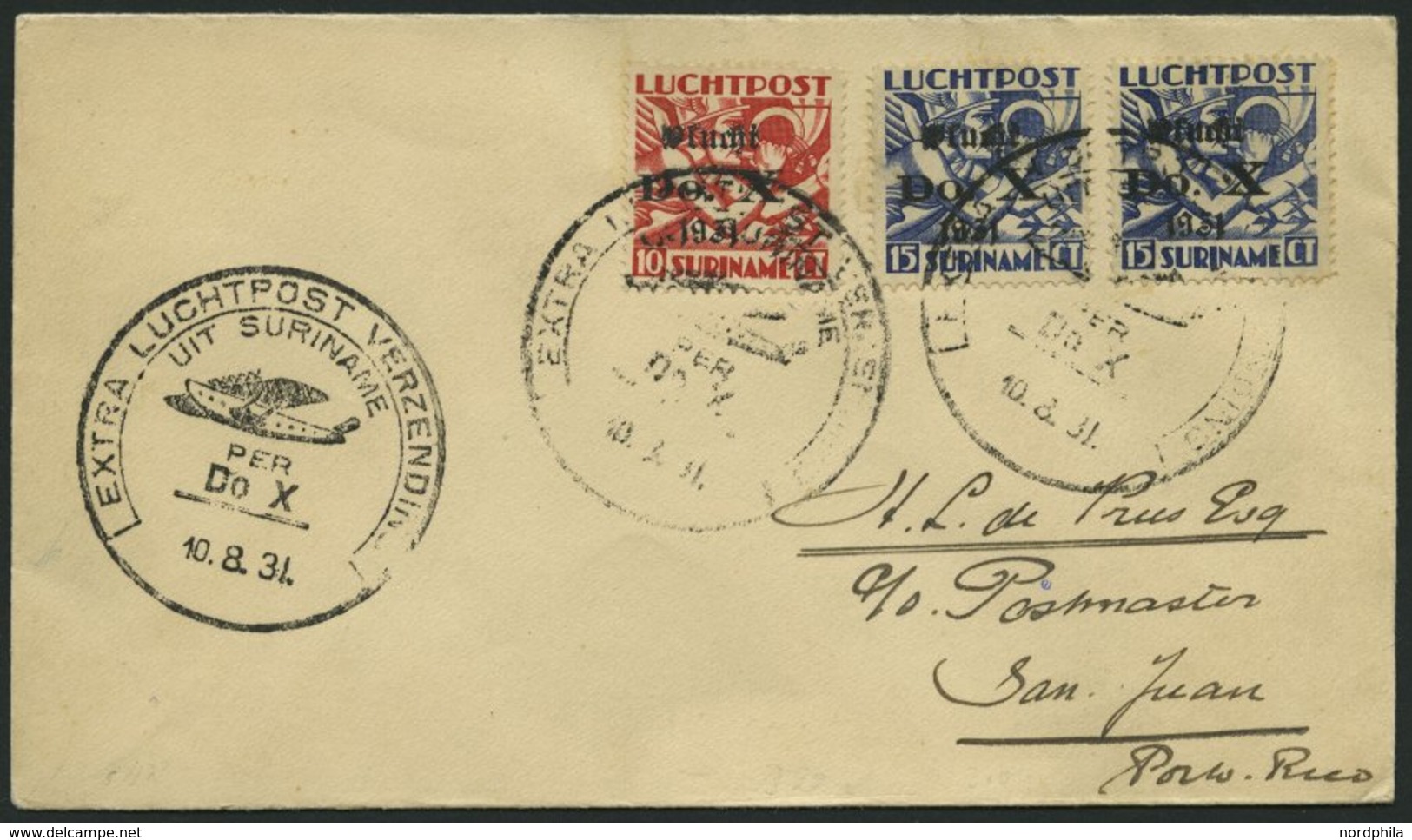 DO-X LUFTPOST 50.SR.d. BRIEF, 10.08.1931, Aufgabe Surinam Mit Sondermarken, Nach San Juan/Puerto Rico, Prachtbrief - Covers & Documents