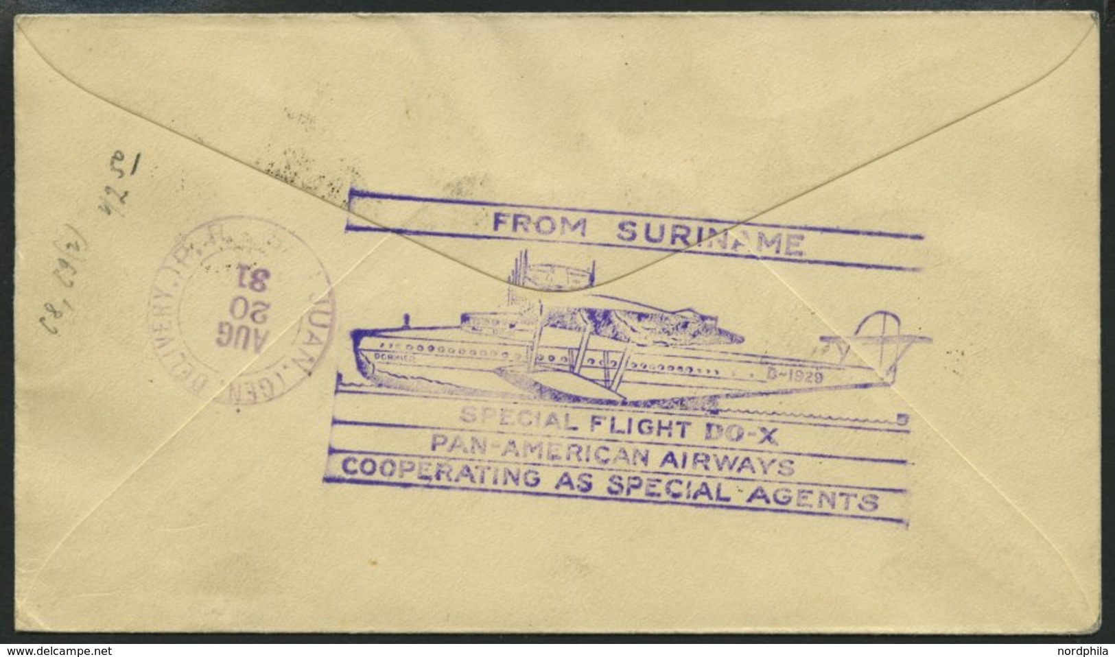 DO-X LUFTPOST 50.SR.d. BRIEF, 10.08.1931, Aufgabe Surinam Mit Sondermarken, Nach San Juan/Puerto Rico, Prachtbrief - Lettres & Documents