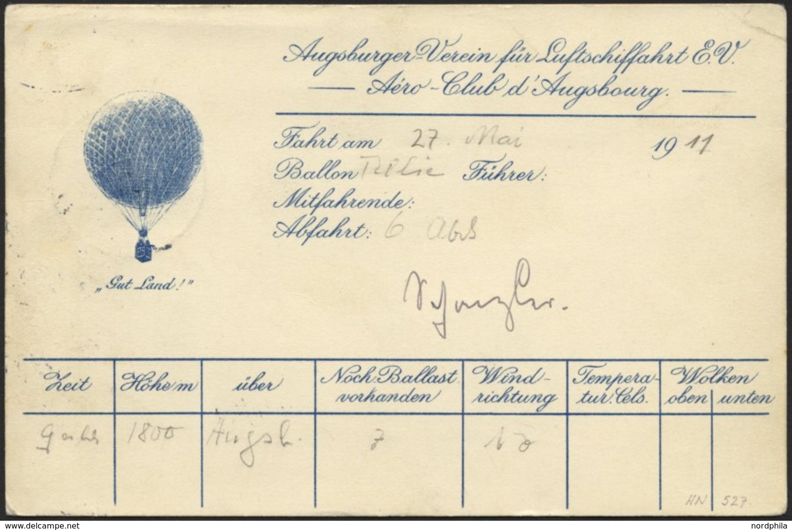BALLON-FAHRTEN 1897-1916 27.5.1911, Augsburger Verein Für Luftschiffahrt, Abwurf Vom Ballon TILLIE, Postaufgabe In Augsb - Montgolfier