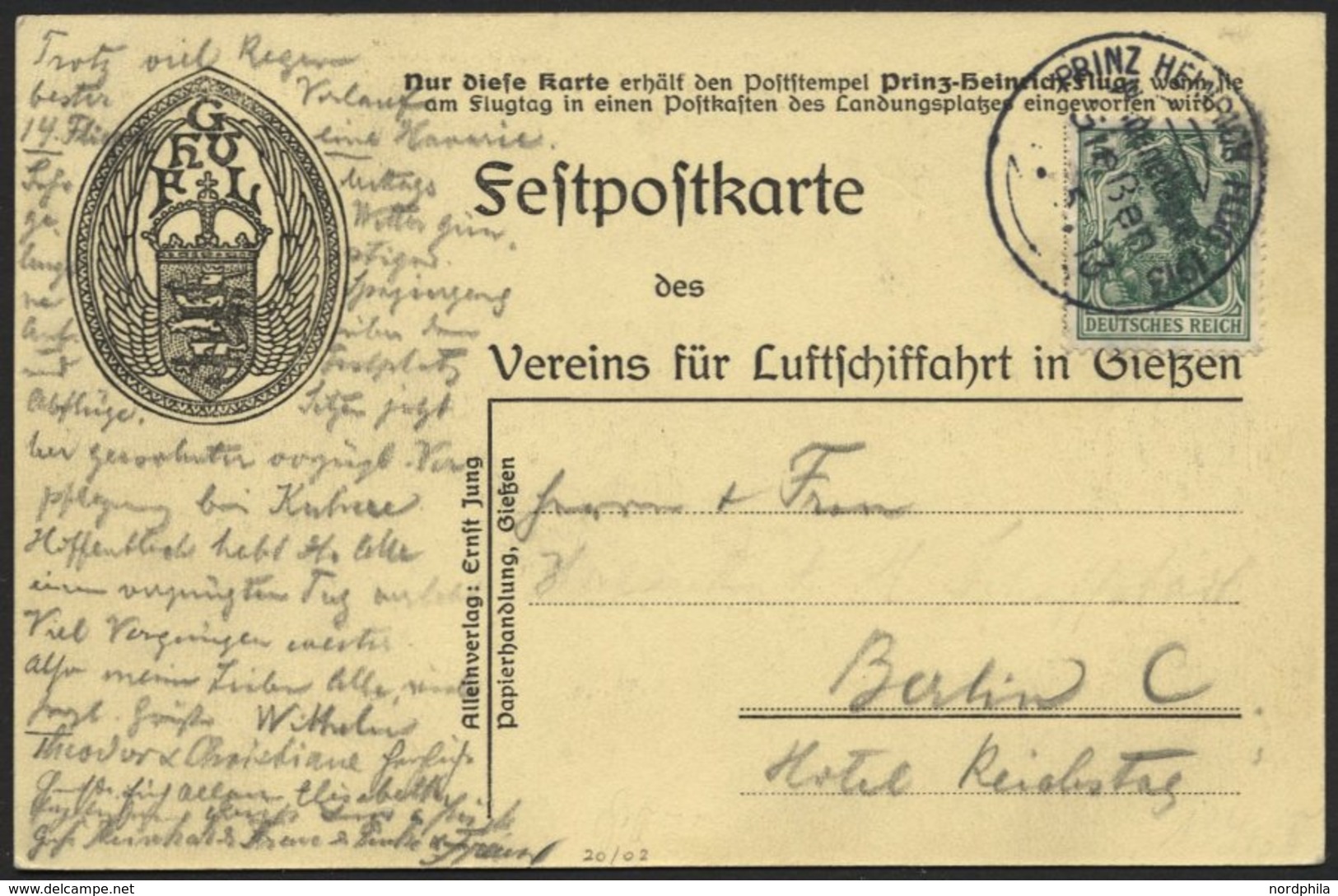 PIONIERFLUGPOST 1909-1914 20/02 BRIEF, 12.5.1913, Prinz Heinrich Flug - Nebenetappe Gießen, Festpostkarte, Pracht - Avions