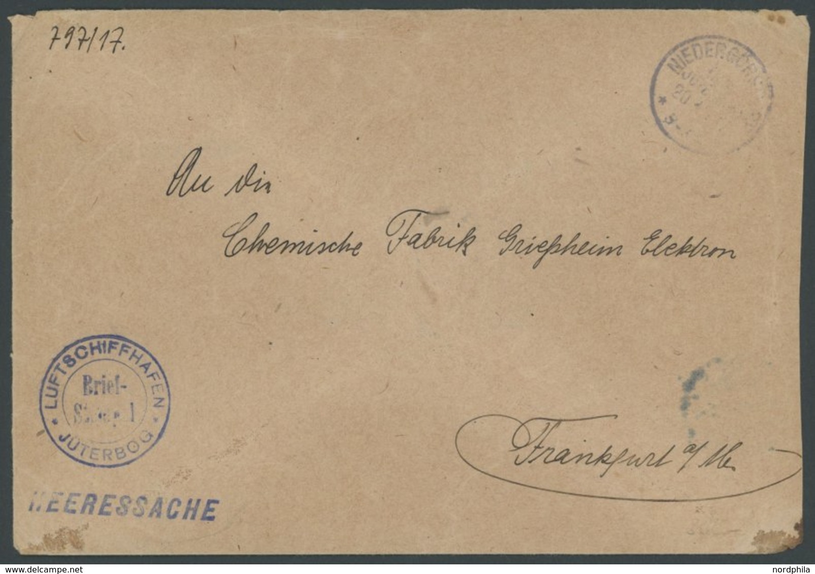 LUFTFAHRT IM I. WELTKRIEG 1916, LUFTSCHIFFHAFEN JÜTERBOG, Blauer Briefstempel Auf Heeressache, Feinst - Avions