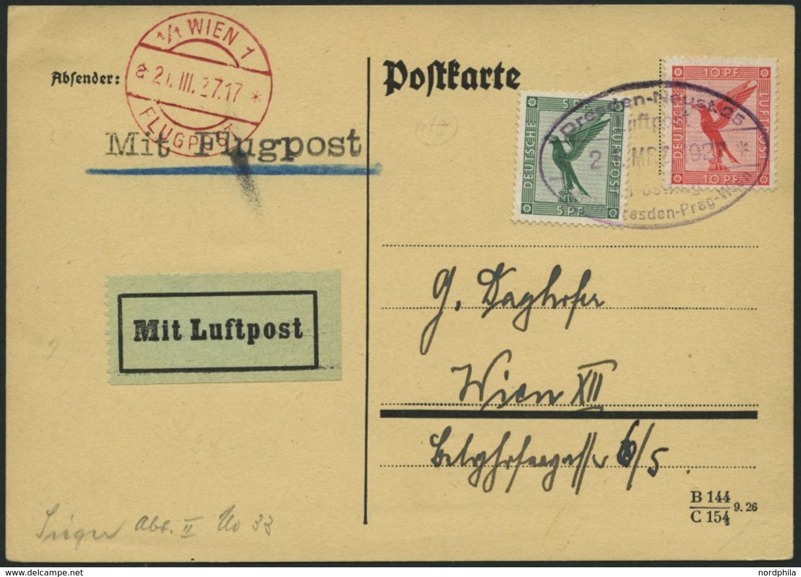 ERST-UND ERÖFFNUNGSFLÜGE 27.1.05 BRIEF, 21.3.1927, Dresden-Wien, Sonderstempel, Prachtkarte - Zeppelines