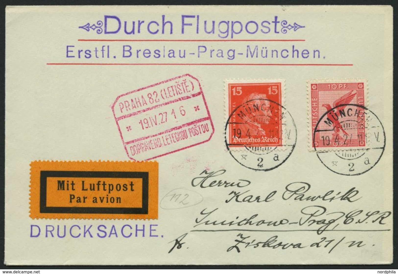 ERST-UND ERÖFFNUNGSFLÜGE 27.5.04 BRIEF, 19.4.1927, München-Prag, Prachtbrief - Zeppeline
