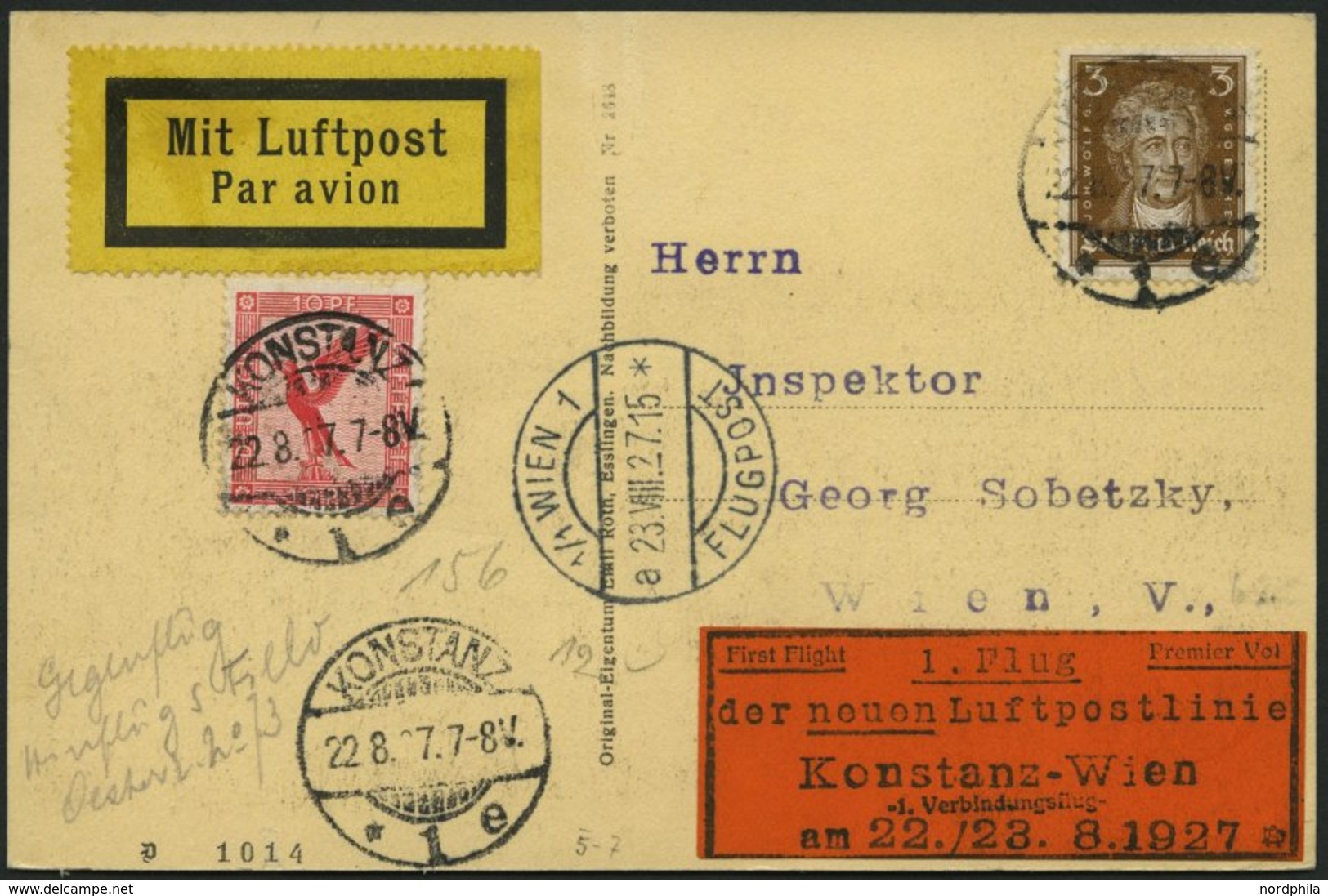 ERST-UND ERÖFFNUNGSFLÜGE 27.45.03 BRIEF, 22.8.1927, Konstanz-Wien, Prachtkarte - Zeppeline