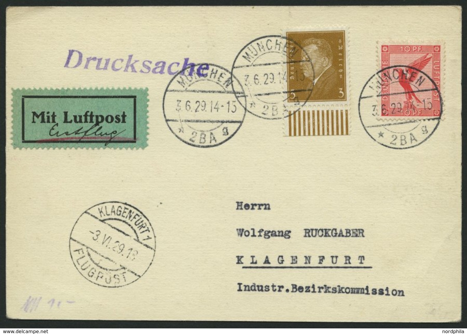 ERST-UND ERÖFFNUNGSFLÜGE 29.18.02 BRIEF, 3.6.1929, München-Klagenfurth, Prachtkarte - Zeppeline