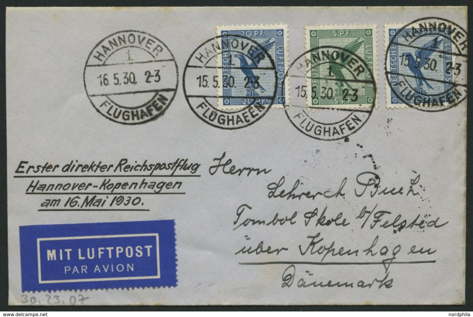 ERST-UND ERÖFFNUNGSFLÜGE 30.23.07 BRIEF, 16.5.1930, Hannover-Kopenhagen, Prachtbrief - Zeppelins