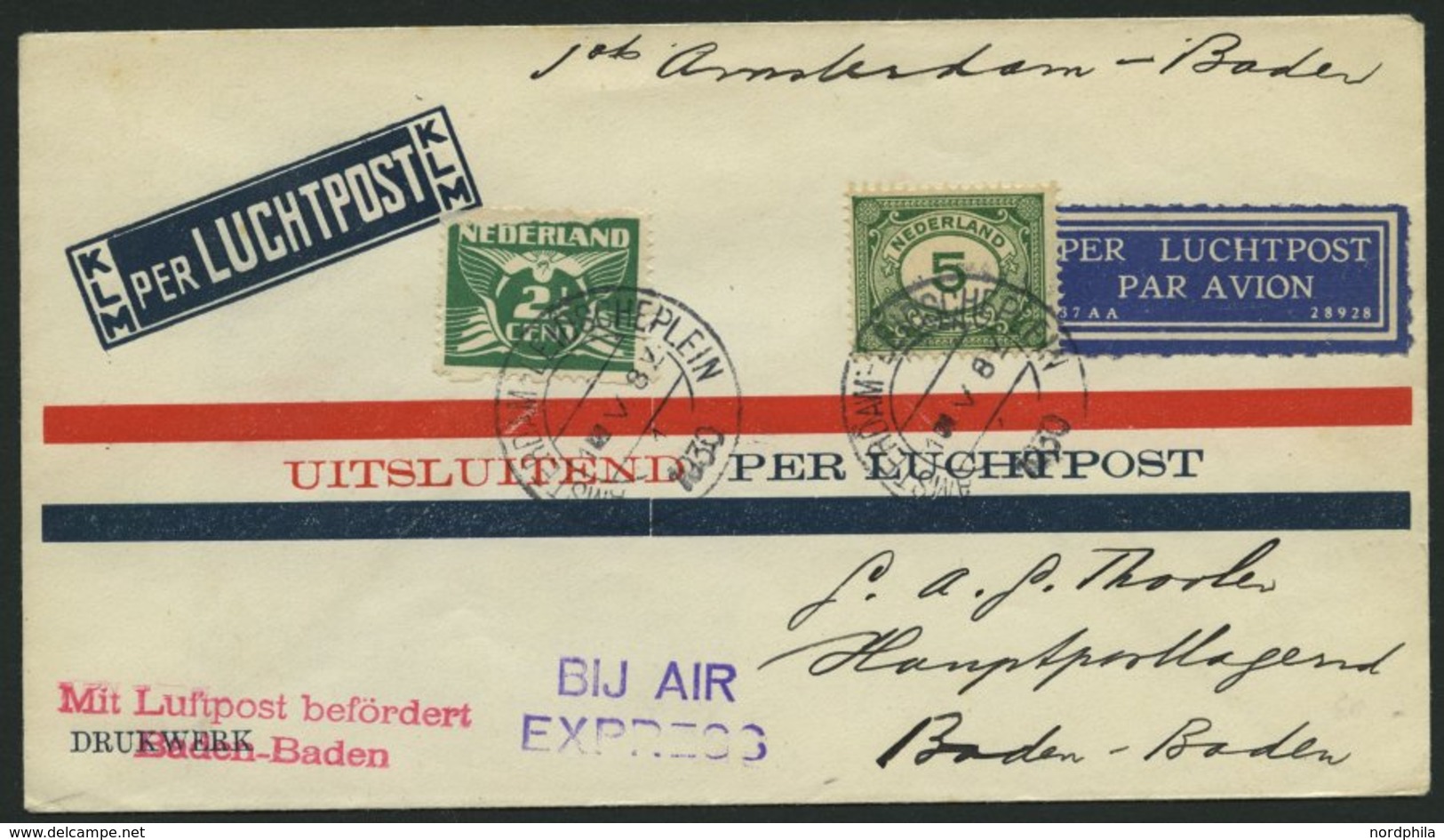 LUFTPOSTBESTÄTIGUNGSSTPL 5-01a BRIEF, BADEN-BADEN, L2 In Rot, Auf Erstflug Köln-Baden-Baden, Prachtbrief - Correo Aéreo & Zeppelin