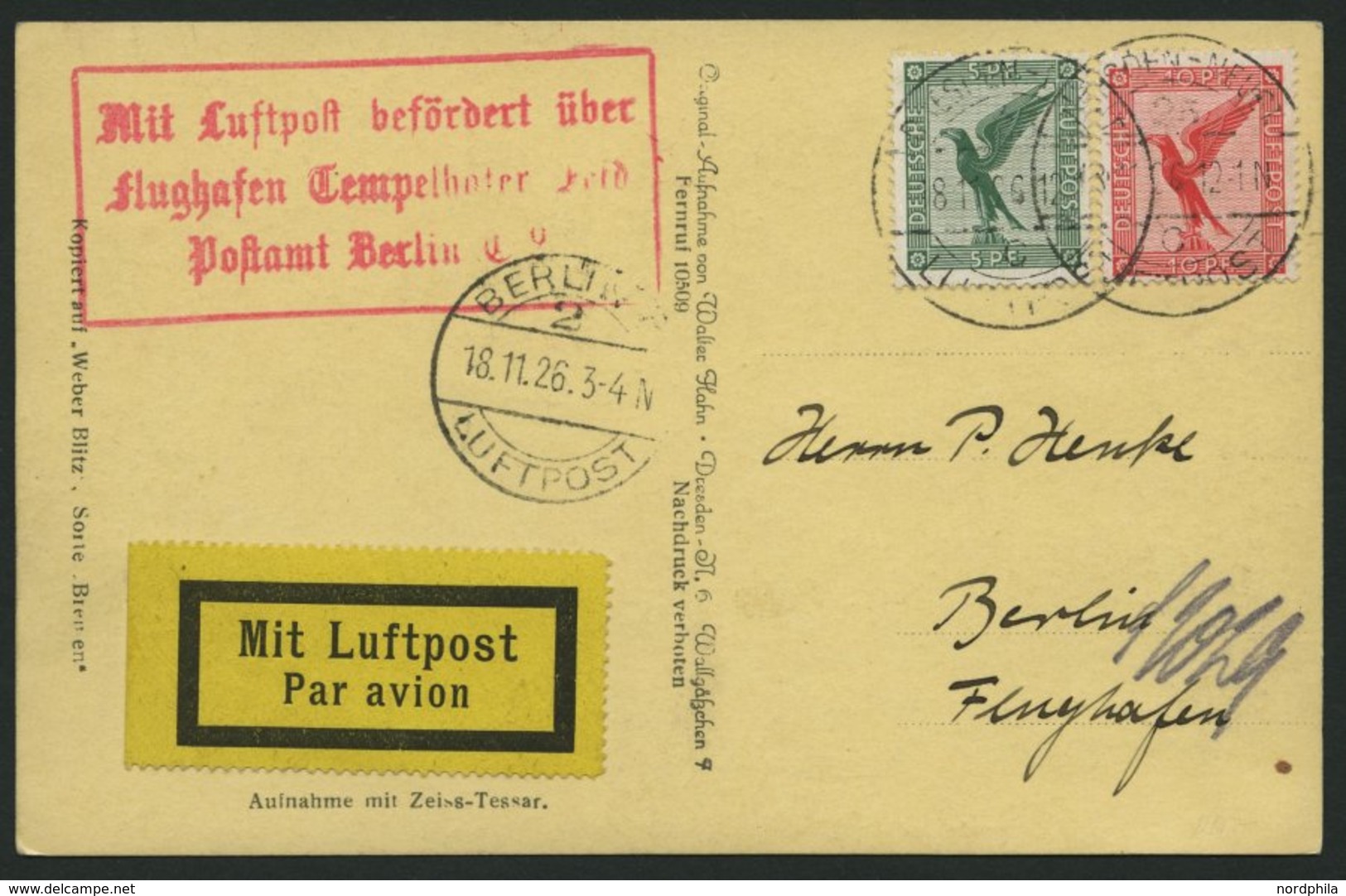 LUFTPOSTBESTÄTIGUNGSSTPL 9-02a BRIEF, BERLIN, Flughafen, R3 In Rot, Ansichtskarte Von DRESDEN-NEUST. Nach Berlin-Flughaf - Correo Aéreo & Zeppelin