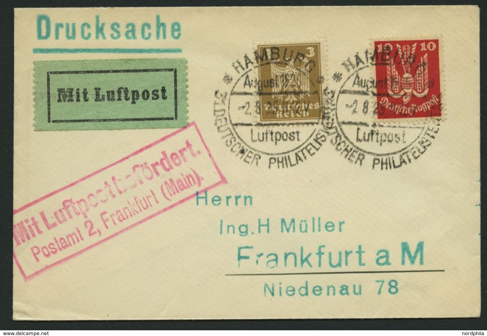 LUFTPOSTBESTÄTIGUNGSSTPL 36-02 BRIEF, FRANKFURT/MAIN, Postamt 2, R2, Drucksache Von HAMBURG Nach Frankfurt, Prachtbrief - Poste Aérienne & Zeppelin