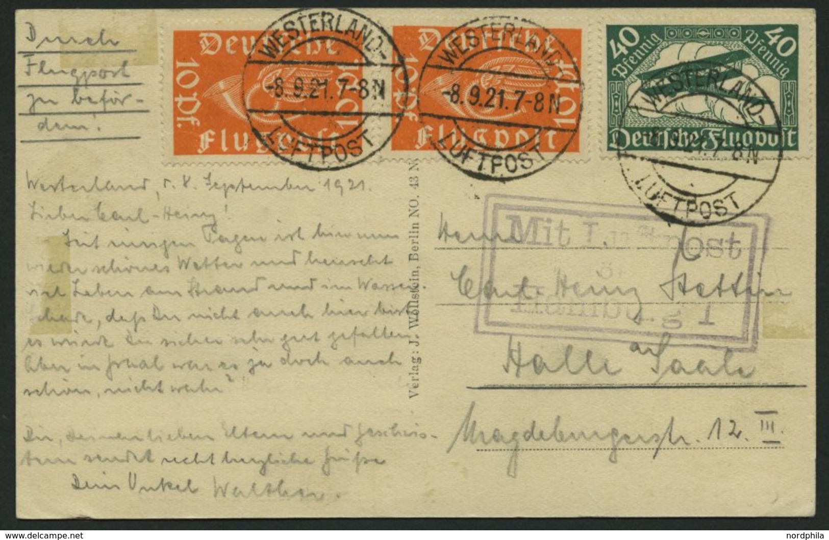 LUFTPOSTBESTÄTIGUNGSSTPL 51-01b BRIEF, HAMBURG 1, R3 In Violett, Ansichtskarte Von WESTERLAND Nach Halle Saale, Pracht - Poste Aérienne & Zeppelin