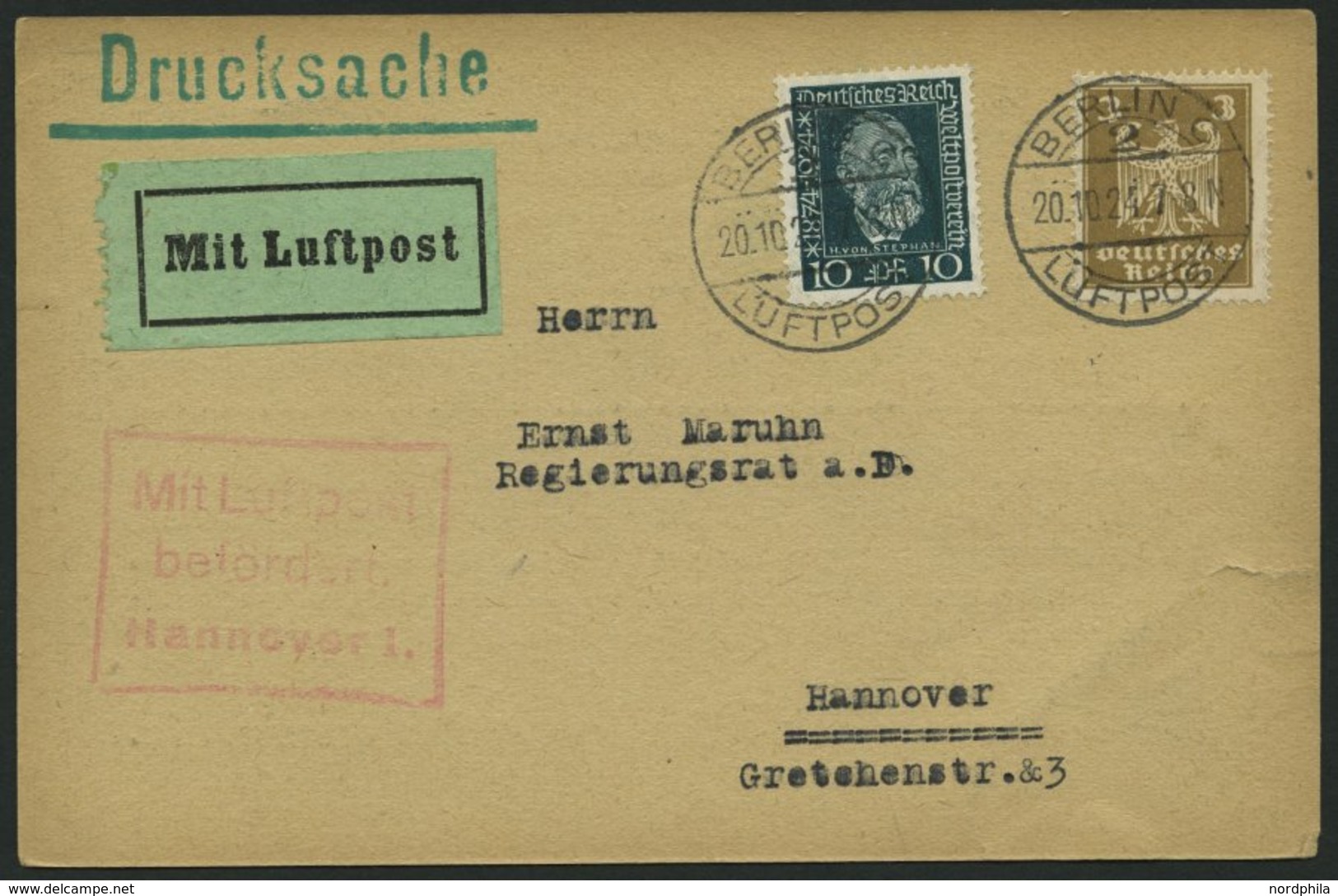 LUFTPOSTBESTÄTIGUNGSSTPL 52-01a BRIEF, HANNOVER, R3 In Rot, Drucksache Von BERLIN Nach Hannover, Karte Feinst (kleiner E - Poste Aérienne & Zeppelin