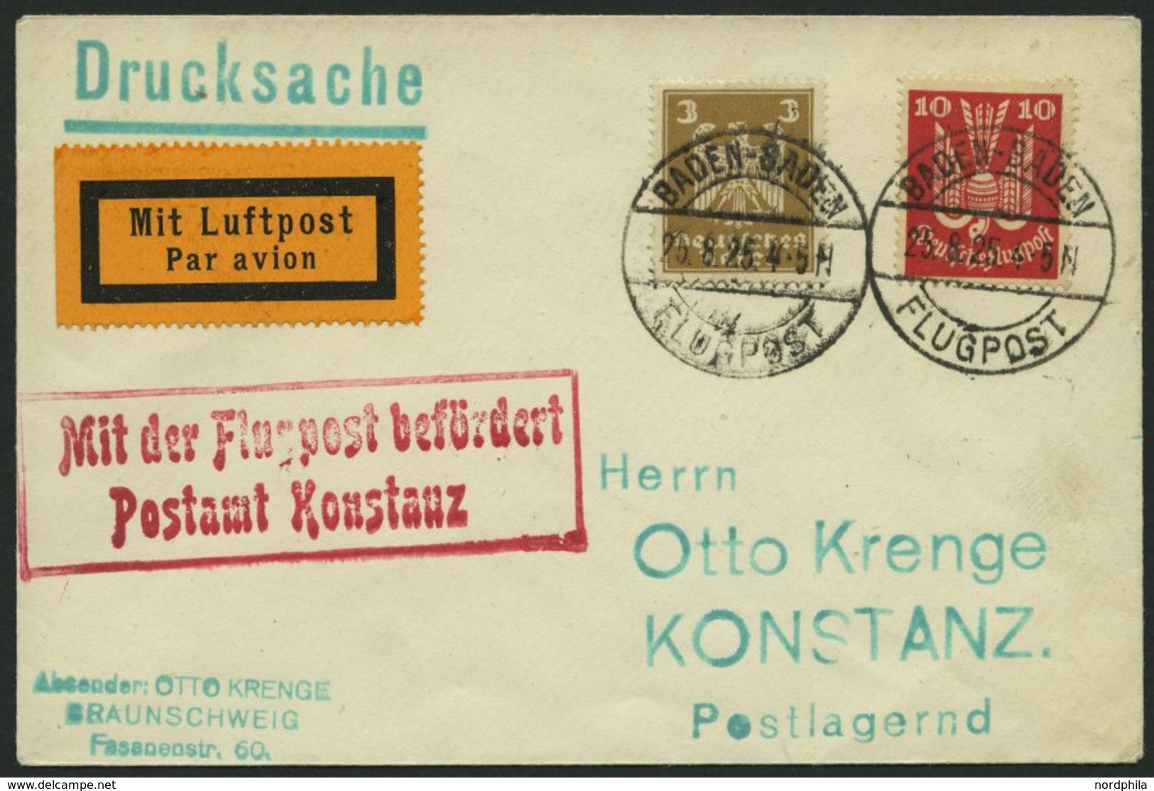 LUFTPOSTBESTÄTIGUNGSSTPL 65-01a BRIEF, KONSTANZ In Rot, Drucksache Von BADEN-BADEN Nach Konstanz, Prachtbrief - Poste Aérienne & Zeppelin