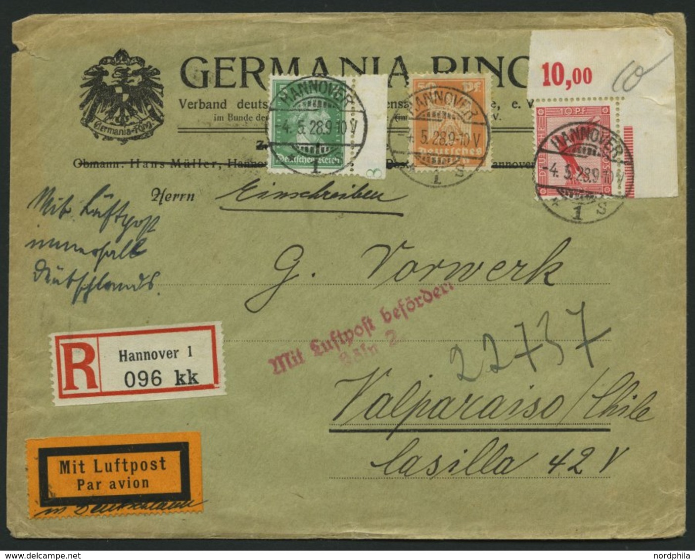 LUFTPOSTBESTÄTIGUNGSSTPL 63-03 BRIEF, KÖLN 2, L2, Luftpost Einschreibbrief Nach Chile, Feinst (Öffnungsmängel) - Airmail & Zeppelin