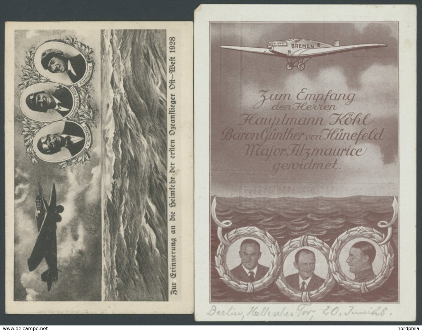 ALTE ANSICHTSKARTEN 1928, Ozeanflieger Ost-West: Köhl, Von Hünefeld, Fitzmaurice, 2 Verschiedene Sonderkarten, U.a. Selt - Autres & Non Classés