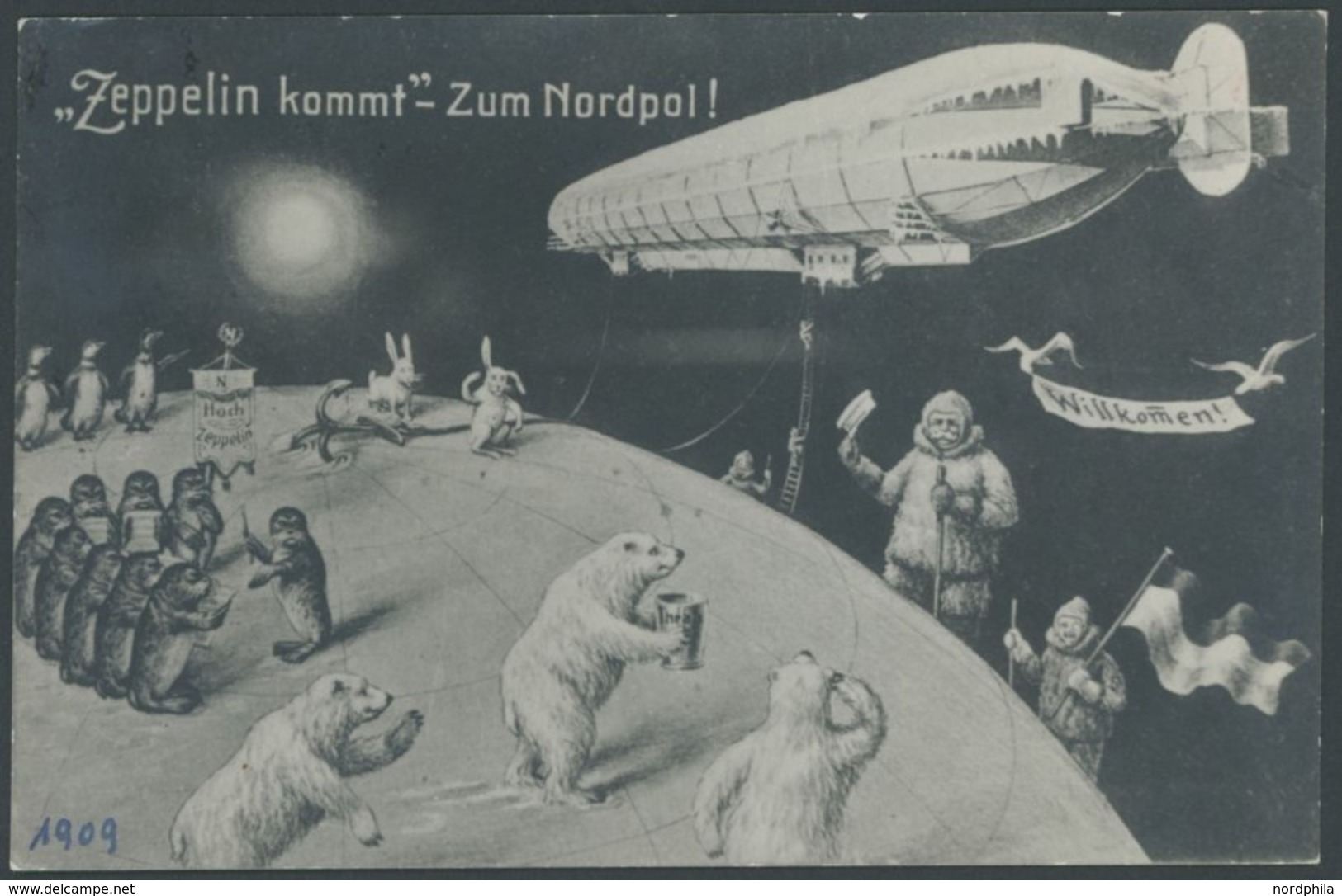 ALTE ANSICHTSKARTEN 1909, Zeppelin Kommt - Zum Nordpol! Mit Rückseitigem K2 LUFTSCHIFF SIGNALPOST Mit Kreuzschnitt, Ansi - Other & Unclassified