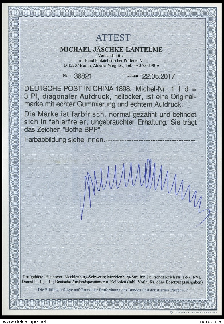 DP CHINA 1Id *, 1898, 3 Pf. Hellocker Diagonaler Aufdruck, Falzrest, Pracht, R!, Fotoattest Jäschke-L., Mi. 800.- - China (offices)