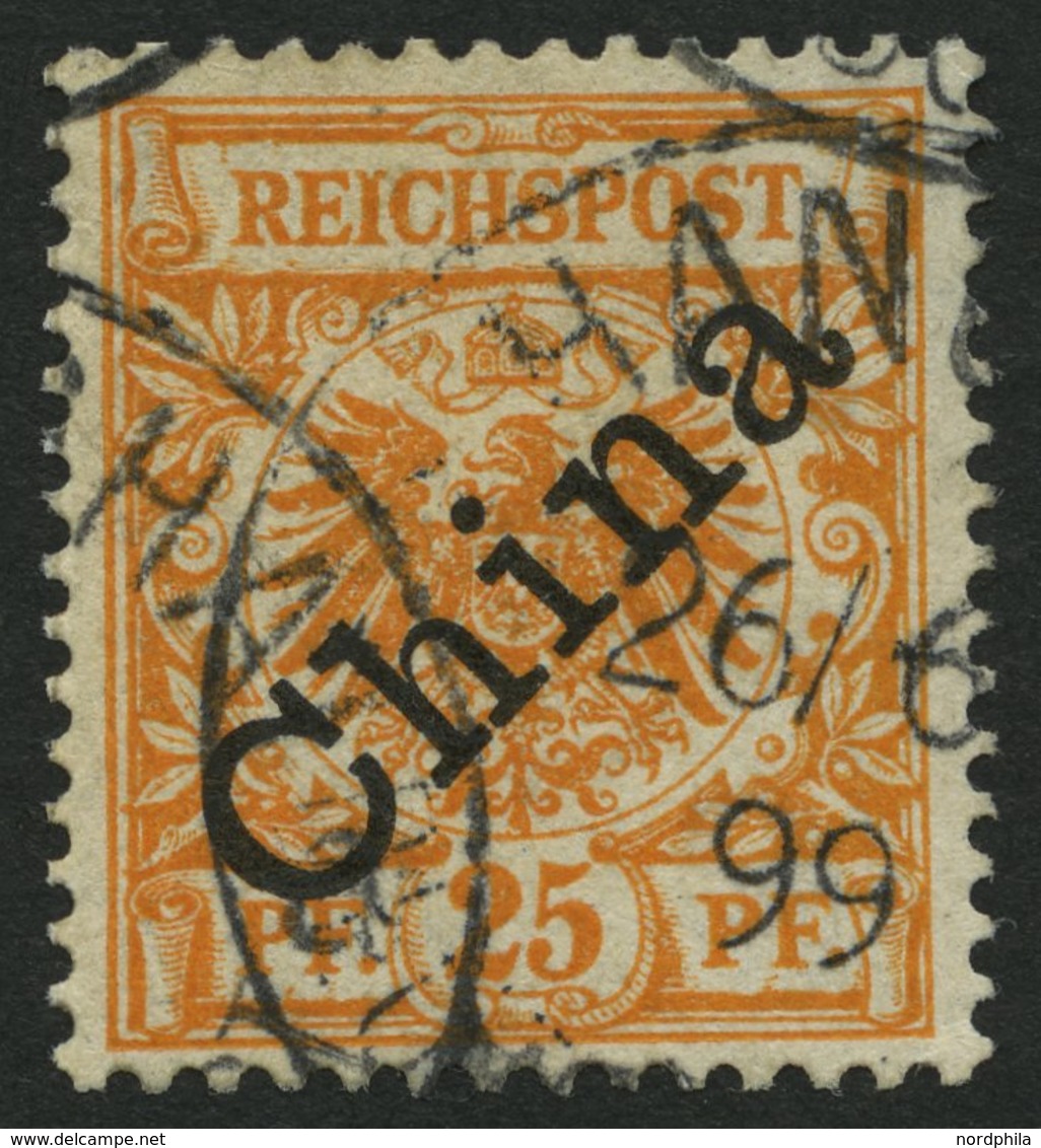 DP CHINA 5IaPFII O, 1898, 25 Pf. Gelblichorange Diagonaler Aufdruck Mit Plattenfehler I In Reichspost Oben Gespalten, Pr - Chine (bureaux)