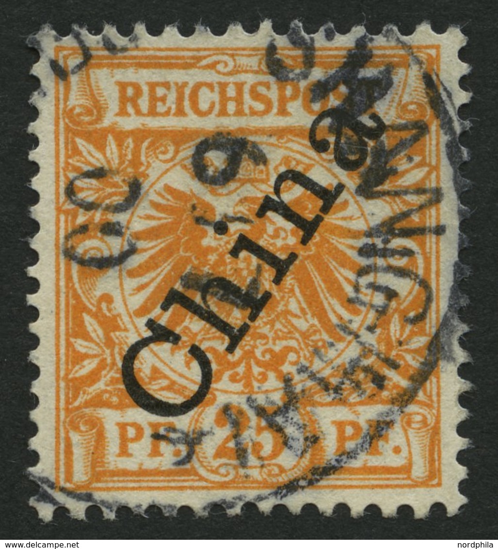 DP CHINA 5IIaPFII O, 1898, 25 Pf. Gelblichorange Steiler Aufdruck Mit Plattenfehler I In Reichspost Oben Gespalten, Klei - China (offices)