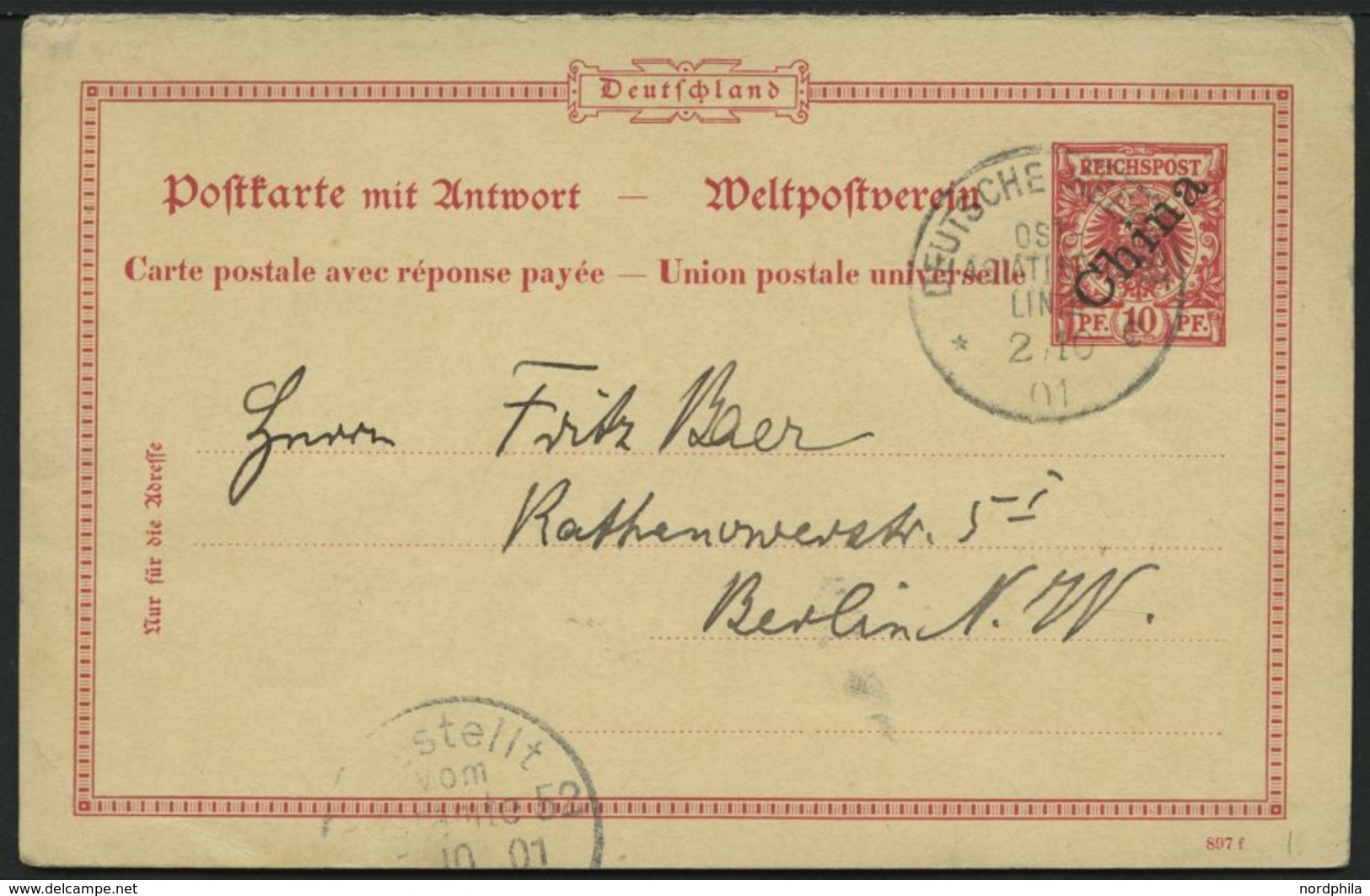 DP CHINA P 4F BRIEF, 1901, 10/10 Karmin, Frageteil, Mit Seepoststempel OST-ASIATISCHE LINIE C, 2.10.01., Pracht - China (oficinas)