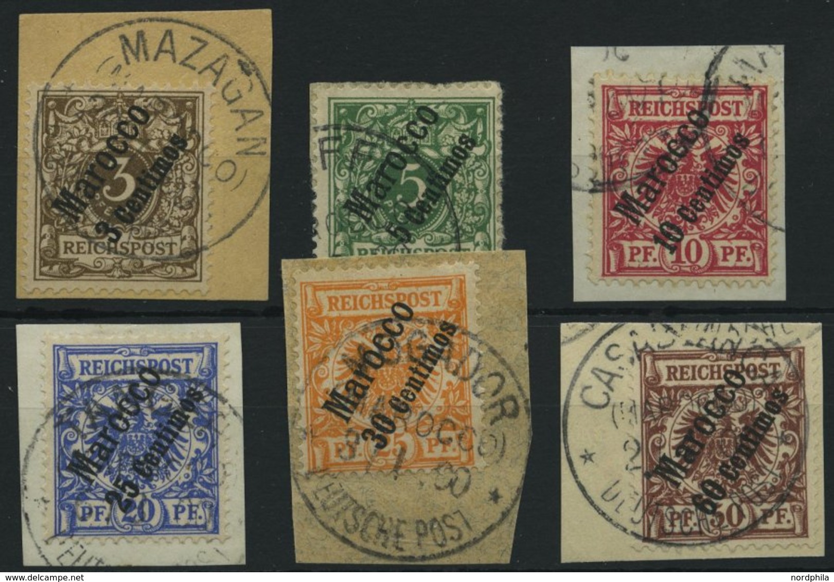 DP IN MAROKKO 1-6 BrfStk, 1889, Steiler Aufdruck, Prachtsatz Auf Briefstücken, Mi. 120.- - Marruecos (oficinas)