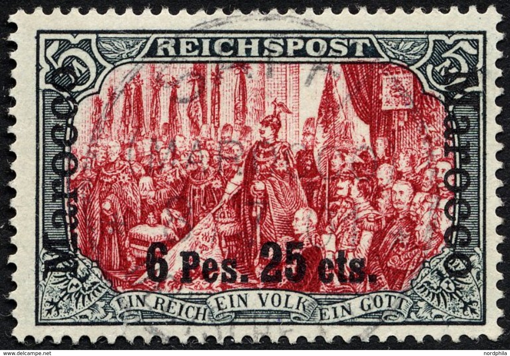 DP IN MAROKKO 19I/IV O, 1900, 6 P. 25 C. Auf 5 M., Type I, Nachmalung Nur Mit Deckweiß, Stempel SAFFI, Kleiner Riß Im Un - Deutsche Post In Marokko