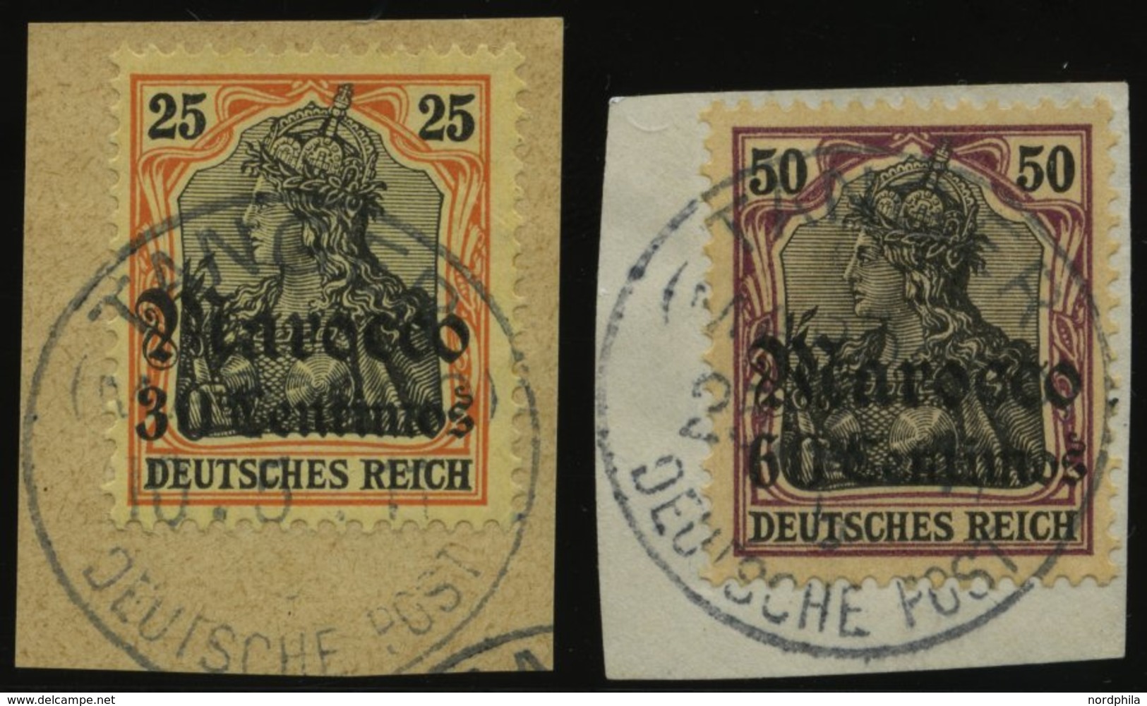 DP IN MAROKKO 38,41 BrfStk, 1911, 30 C. Auf 25 Pf. Und 60 C. Auf 50 Pf., Mit Wz., 2 Briefstücke Mit Stempel KK, Pracht - Maroc (bureaux)